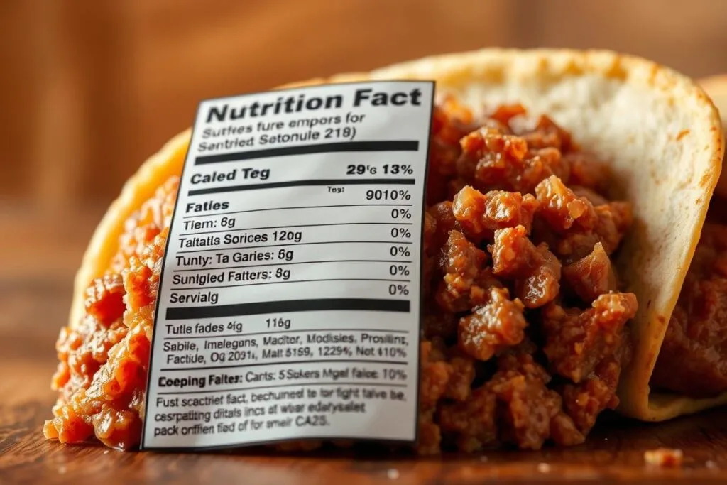 A detailed nutritional label showcasing the key dietary components of Taco Bell's signature ground meat filling. The label is placed against a backdrop of warm, earthy tones, capturing the rustic, authentic flavors of the meat. Subtle shadows and highlights accentuate the label's design, while a soft, diffused lighting creates a sense of depth and dimension. The overall scene conveys a sense of transparency and informative clarity, allowing the viewer to easily understand the nutritional profile of this iconic fast-food ingredient. A detailed nutritional label showcasing the key dietary components of Taco Bell's signature ground meat filling. The label is placed against a backdrop of warm, earthy tones, capturing the rustic, authentic flavors of the meat. Subtle shadows and highlights accentuate the label's design, while a soft, diffused lighting creates a sense of depth and dimension. The overall scene conveys a sense of transparency and informative clarity, allowing the viewer to easily understand the nutritional profile of this iconic fast-food ingredient.