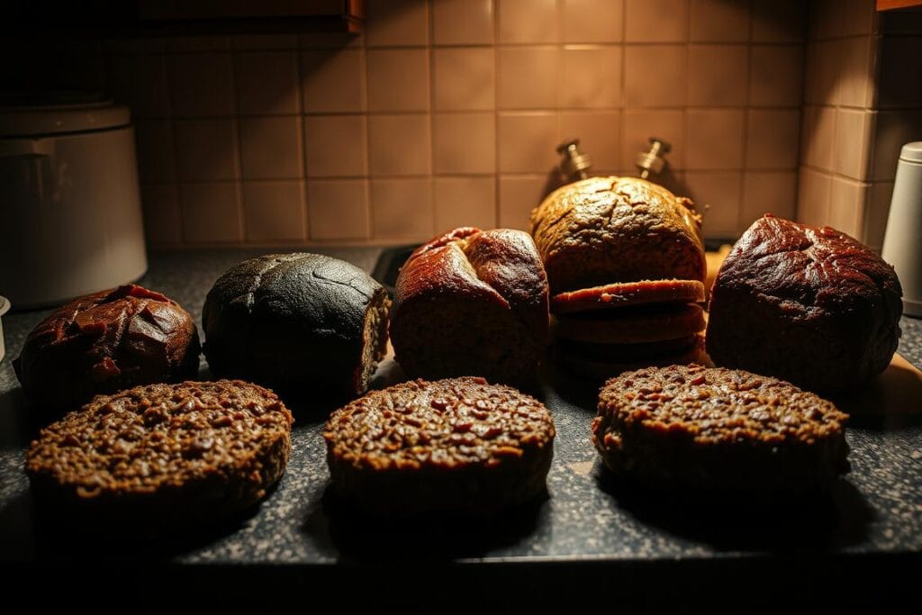 A dimly lit kitchen countertop showcases a lineup of common meatloaf mistakes. In the foreground, an overcooked, dry meatloaf sits next to a cracked and sunken version. In the middle ground, a meatloaf with uneven browning and a soggy, dense texture takes center stage. In the background, a haphazardly assembled meatloaf with uneven layers and visible cracks looms ominously. The scene is bathed in a soft, warm lighting that casts dramatic shadows, creating a sense of culinary cautionary tale. The overall atmosphere evokes a mood of kitchen mishaps and the importance of mastering the art of meatloaf perfection. A dimly lit kitchen countertop showcases a lineup of common meatloaf mistakes. In the foreground, an overcooked, dry meatloaf sits next to a cracked and sunken version. In the middle ground, a meatloaf with uneven browning and a soggy, dense texture takes center stage. In the background, a haphazardly assembled meatloaf with uneven layers and visible cracks looms ominously. The scene is bathed in a soft, warm lighting that casts dramatic shadows, creating a sense of culinary cautionary tale. The overall atmosphere evokes a mood of kitchen mishaps and the importance of mastering the art of meatloaf perfection.