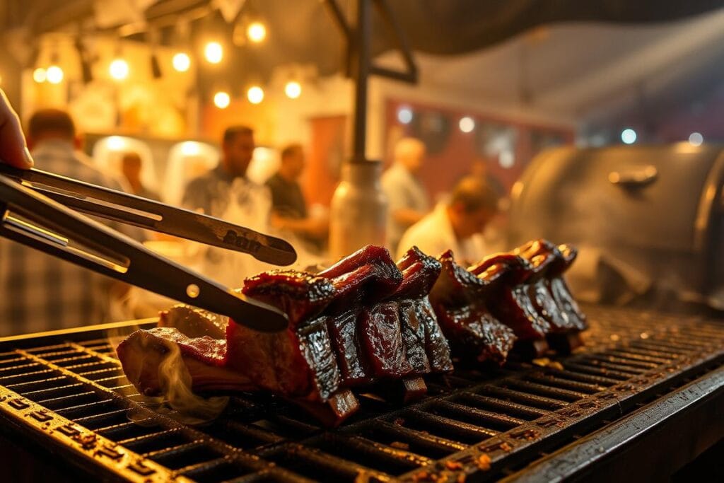A dimly lit stall at a lively barbecue festival, the air thick with the mouthwatering aroma of slow-smoked beef short ribs. In the foreground, a pair of tongs delicately maneuver the glistening, charred ribs as they sizzle on a weathered metal grill, steam rising in mesmerizing wisps. The middle ground reveals an array of spice rubs, basting sauces, and carefully monitored temperature gauges, showcasing the meticulous process of managing the "stall" - that perplexing plateau in the cooking time when the internal temperature seems to plateau. In the background, a hazy, golden glow emanates from the smoker, creating a cozy, rustic atmosphere that evokes the patience and dedication required to achieve the perfect smoked short rib. A dimly lit stall at a lively barbecue festival, the air thick with the mouthwatering aroma of slow-smoked beef short ribs. In the foreground, a pair of tongs delicately maneuver the glistening, charred ribs as they sizzle on a weathered metal grill, steam rising in mesmerizing wisps. The middle ground reveals an array of spice rubs, basting sauces, and carefully monitored temperature gauges, showcasing the meticulous process of managing the "stall" - that perplexing plateau in the cooking time when the internal temperature seems to plateau. In the background, a hazy, golden glow emanates from the smoker, creating a cozy, rustic atmosphere that evokes the patience and dedication required to achieve the perfect smoked short rib.