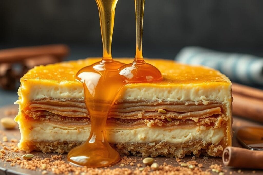 A drizzle of golden honey cascades over the flaky layers of a freshly baked baklava cheesecake, creating a mesmerizing visual feast. The cheesecake's smooth, creamy texture contrasts with the crunchy phyllo dough, while the honey's amber hue glistens under soft, warm lighting. The scene is captured from a close-up angle, emphasizing the intricate details and the luscious texture of the dessert. A hint of cinnamon and ground pistachios in the background adds depth and complexity to the overall composition, evoking the rich flavors of this indulgent fusion treat. A drizzle of golden honey cascades over the flaky layers of a freshly baked baklava cheesecake, creating a mesmerizing visual feast. The cheesecake's smooth, creamy texture contrasts with the crunchy phyllo dough, while the honey's amber hue glistens under soft, warm lighting. The scene is captured from a close-up angle, emphasizing the intricate details and the luscious texture of the dessert. A hint of cinnamon and ground pistachios in the background adds depth and complexity to the overall composition, evoking the rich flavors of this indulgent fusion treat.