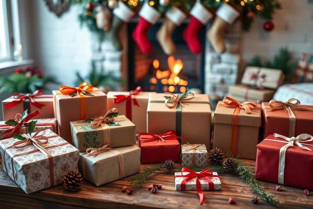 A festive display of various holiday gift packaging ideas, captured in a warm, cozy setting. In the foreground, a collection of beautifully wrapped presents in an array of colors and patterns, tied with coordinating ribbons and adorned with delicate ornaments. The middle ground features a rustic wooden table, its surface adorned with sprigs of holly, pinecones, and a scattering of holiday greenery. Soft, diffused lighting casts a gentle glow, creating a welcoming and inviting atmosphere. In the background, a glimpse of a crackling fireplace, with stockings hung above, reinforcing the comforting, winter wonderland aesthetic. The overall scene exudes a sense of holiday cheer and inspires creative ways to present holiday treats and gifts. A festive display of various holiday gift packaging ideas, captured in a warm, cozy setting. In the foreground, a collection of beautifully wrapped presents in an array of colors and patterns, tied with coordinating ribbons and adorned with delicate ornaments. The middle ground features a rustic wooden table, its surface adorned with sprigs of holly, pinecones, and a scattering of holiday greenery. Soft, diffused lighting casts a gentle glow, creating a welcoming and inviting atmosphere. In the background, a glimpse of a crackling fireplace, with stockings hung above, reinforcing the comforting, winter wonderland aesthetic. The overall scene exudes a sense of holiday cheer and inspires creative ways to present holiday treats and gifts.