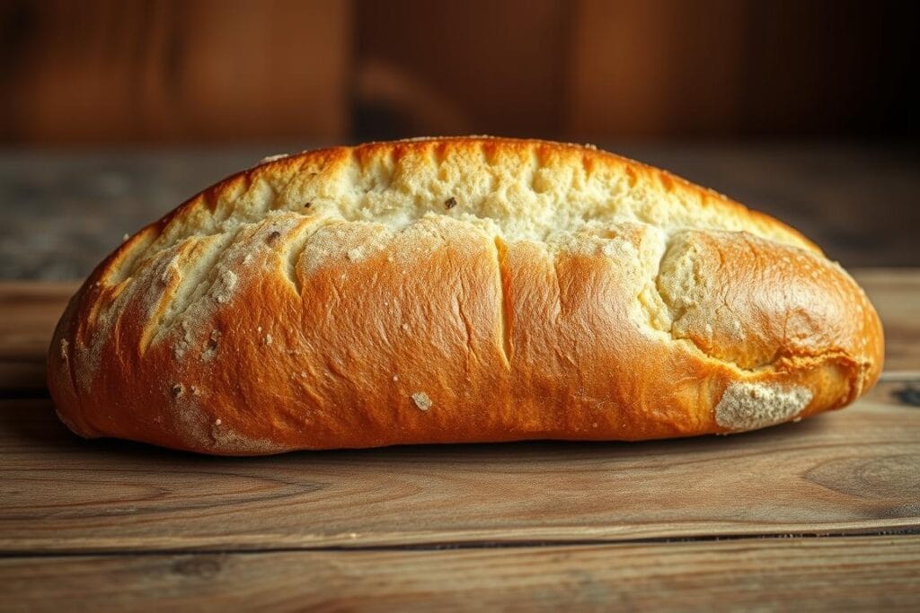 A freshly baked, artisanal French bread loaf with a golden-brown crust, its tender interior peeking through. The loaf sits on a rustic wooden surface, bathed in warm, soft lighting that highlights its rich, yeasty aroma. The bread's shape is slightly elongated, with a delicate scoring pattern that runs along its length, adding visual interest. The crust exhibits a satisfying crackle when gently pressed, promising a perfect balance of crisp exterior and fluffy, pillowy crumb within. This is the ideal canvas for constructing the ultimate French dip sandwich - a hallmark of French culinary tradition. A freshly baked, artisanal French bread loaf with a golden-brown crust, its tender interior peeking through. The loaf sits on a rustic wooden surface, bathed in warm, soft lighting that highlights its rich, yeasty aroma. The bread's shape is slightly elongated, with a delicate scoring pattern that runs along its length, adding visual interest. The crust exhibits a satisfying crackle when gently pressed, promising a perfect balance of crisp exterior and fluffy, pillowy crumb within. This is the ideal canvas for constructing the ultimate French dip sandwich - a hallmark of French culinary tradition.