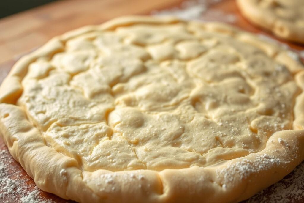 A freshly kneaded breakfast pizza dough, its golden-brown crust glistening under the warm kitchen lights. Close-up view, highlighting the delicate texture and intricate patterns formed by the skillful handling of the dough. The crust appears light and airy, with a subtle crunch that promises a satisfying bite. A gentle dusting of flour decorates the surface, a testament to the artistry of the baker. The image conveys the expertise and attention to detail required to craft the perfect breakfast pizza foundation, setting the stage for a delectable culinary experience. A freshly kneaded breakfast pizza dough, its golden-brown crust glistening under the warm kitchen lights. Close-up view, highlighting the delicate texture and intricate patterns formed by the skillful handling of the dough. The crust appears light and airy, with a subtle crunch that promises a satisfying bite. A gentle dusting of flour decorates the surface, a testament to the artistry of the baker. The image conveys the expertise and attention to detail required to craft the perfect breakfast pizza foundation, setting the stage for a delectable culinary experience.
