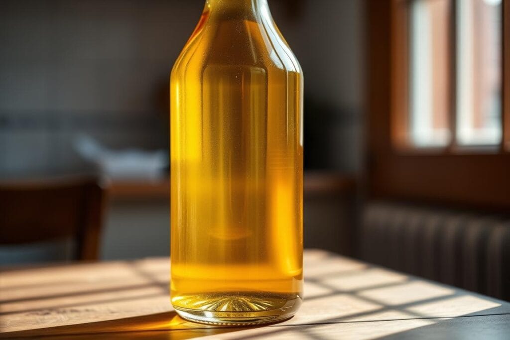 A glass bottle filled with clear, golden-hued oil for frying fish, sitting on a wooden table. The bottle's label is clean and simple, allowing the rich, warm color of the oil to take center stage. Soft, natural lighting from a nearby window gently illuminates the scene, casting subtle shadows and highlighting the viscous, glistening texture of the oil. The background is blurred, maintaining the focus on the essential ingredient for the perfect cornmeal fried fish. A glass bottle filled with clear, golden-hued oil for frying fish, sitting on a wooden table. The bottle's label is clean and simple, allowing the rich, warm color of the oil to take center stage. Soft, natural lighting from a nearby window gently illuminates the scene, casting subtle shadows and highlighting the viscous, glistening texture of the oil. The background is blurred, maintaining the focus on the essential ingredient for the perfect cornmeal fried fish.