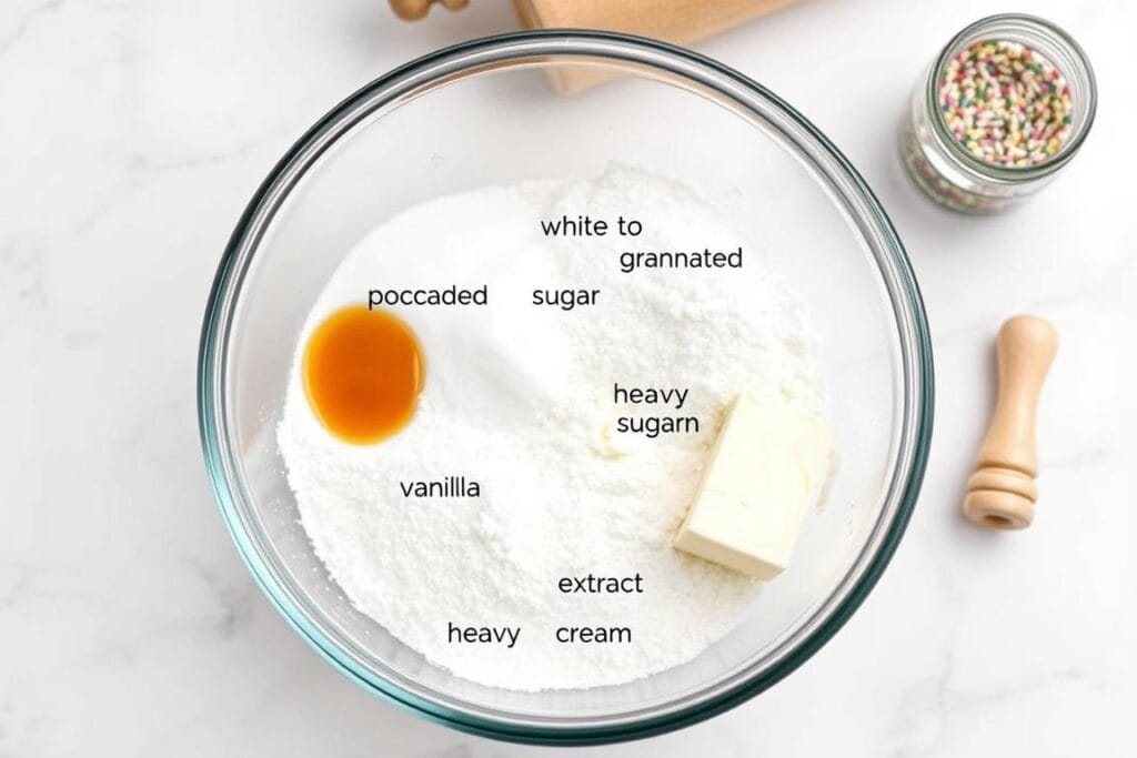 A glass bowl filled with a selection of baking ingredients for sugar cookie frosting - white granulated sugar, powdered sugar, vanilla extract, heavy cream, and cream cheese. The bowl is set on a white marble countertop, with a vintage rolling pin and a small glass jar of sprinkles in the background. Soft, even lighting illuminates the scene, highlighting the textures and colors of the ingredients. The overall mood is one of warmth, comfort, and the promise of delicious, homemade baked goods. A glass bowl filled with a selection of baking ingredients for sugar cookie frosting - white granulated sugar, powdered sugar, vanilla extract, heavy cream, and cream cheese. The bowl is set on a white marble countertop, with a vintage rolling pin and a small glass jar of sprinkles in the background. Soft, even lighting illuminates the scene, highlighting the textures and colors of the ingredients. The overall mood is one of warmth, comfort, and the promise of delicious, homemade baked goods.