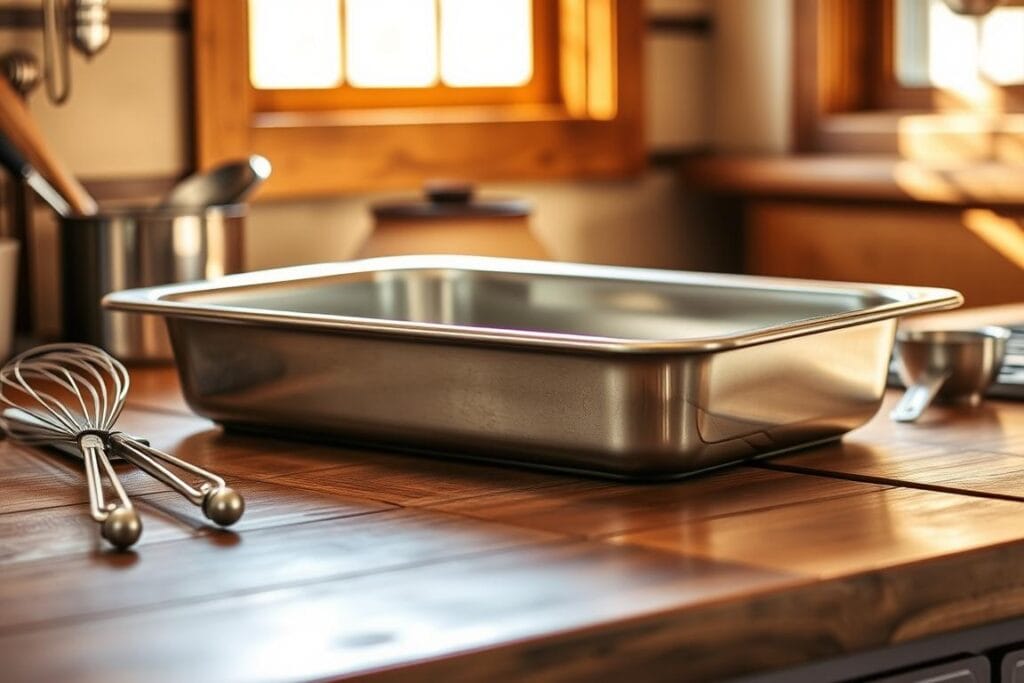 A gleaming, stainless steel baking dish sits on a rustic wooden countertop, bathed in warm, natural light from a nearby window. The dish is generously sized, with a classic rectangular shape and deep sides, perfect for creating hearty, comforting meals. The surface is smooth and polished, reflecting the surrounding kitchen elements. The dish is flanked by a few essential cooking utensils, such as a whisk and a set of measuring cups, hinting at the culinary task at hand. The overall scene exudes a sense of organization, preparedness, and the promise of a delicious homemade creation.