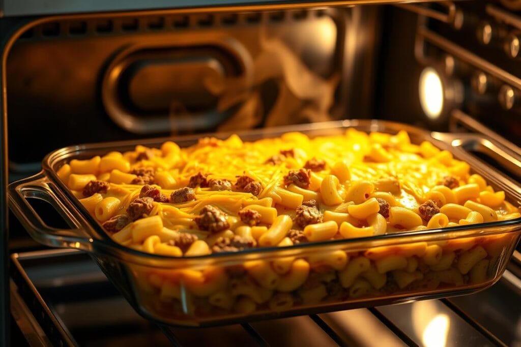 A golden-brown casserole dish emerges from a sleek, stainless steel oven, steam gently wafting upwards. Melted cheddar cheese glistens atop a bed of perfectly cooked rotini pasta, interspersed with tender beef chunks and sweet corn kernels. The dish is bathed in warm, soft lighting, casting an inviting glow. The scene exudes a comforting, homemade atmosphere, hinting at the delicious flavors and textures within. A subtle, ranch-infused aroma fills the air, beckoning the viewer to dive in and savor every bite. The composition emphasizes the baked, bubbly perfection of this hearty, satisfying dish.