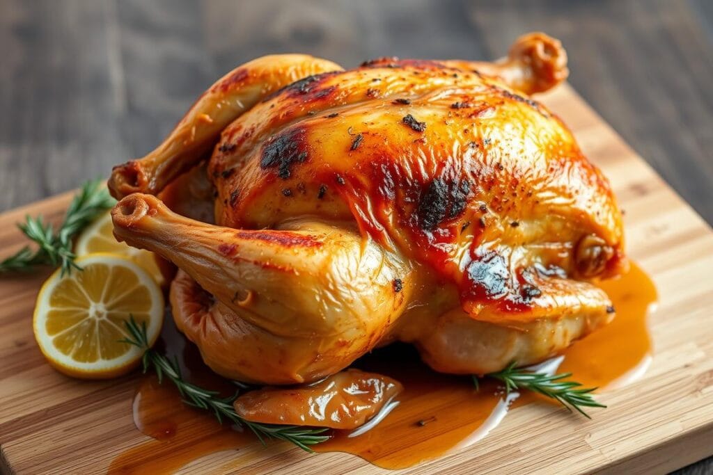 A golden-brown, crispy-skinned roasted chicken, fresh from the oven, resting on a wooden cutting board. The bird is glistening with rendered fat, its juices pooling around the base. Slices of lemon and sprigs of fragrant rosemary adorn the scene, hinting at the flavors within. Soft, even lighting bathes the composition, emphasizing the succulent meat and caramelized skin. The angle is slightly elevated, providing an enticing, mouthwatering perspective. This image captures the perfection of the roasting method - a juicy, flavorful chicken, ready to be carved and savored. A golden-brown, crispy-skinned roasted chicken, fresh from the oven, resting on a wooden cutting board. The bird is glistening with rendered fat, its juices pooling around the base. Slices of lemon and sprigs of fragrant rosemary adorn the scene, hinting at the flavors within. Soft, even lighting bathes the composition, emphasizing the succulent meat and caramelized skin. The angle is slightly elevated, providing an enticing, mouthwatering perspective. This image captures the perfection of the roasting method - a juicy, flavorful chicken, ready to be carved and savored.