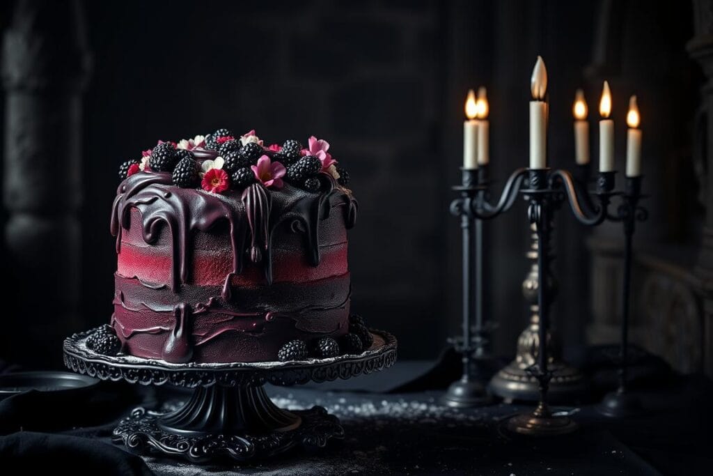 A gothic-inspired cake presentation with a dramatic, moody atmosphere. In the foreground, a decadent blackberry velvet cake stands tall on a dark, ornate platter, adorned with intricate piping and dusted with powdered sugar. Cascading blackberries and edible flowers spill over the edges, creating a lush, almost overgrown appearance. Soft, dramatic lighting casts deep shadows, emphasizing the cake's rich color and textures. In the middle ground, a wrought-iron candelabra with flickering candles adds to the gothic ambiance. The background features a shadowy, castle-like setting with gothic arches and weathered stone walls, creating a sense of ancient grandeur. The overall scene evokes a mysterious, enchanting mood, perfectly suited for the "Blackberry Velvet Gothic Cake" article. A gothic-inspired cake presentation with a dramatic, moody atmosphere. In the foreground, a decadent blackberry velvet cake stands tall on a dark, ornate platter, adorned with intricate piping and dusted with powdered sugar. Cascading blackberries and edible flowers spill over the edges, creating a lush, almost overgrown appearance. Soft, dramatic lighting casts deep shadows, emphasizing the cake's rich color and textures. In the middle ground, a wrought-iron candelabra with flickering candles adds to the gothic ambiance. The background features a shadowy, castle-like setting with gothic arches and weathered stone walls, creating a sense of ancient grandeur. The overall scene evokes a mysterious, enchanting mood, perfectly suited for the "Blackberry Velvet Gothic Cake" article.