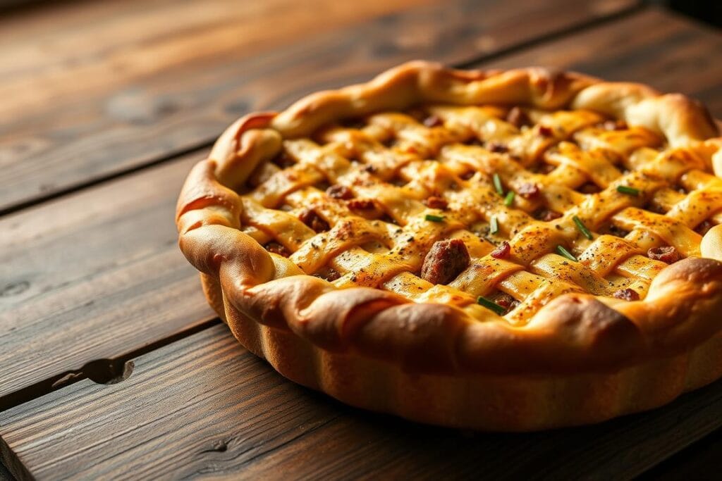 A gourmet morning pie, baked to perfection, sits on a rustic wooden table, its golden crust glistening under warm, soft lighting. The filling, a harmonious blend of savory sausage, fluffy scrambled eggs, and melted cheddar cheese, is visible through the lattice top. Vibrant chives and cracked black pepper add a touch of freshness and depth of flavor. The scene is captured through a medium-wide angle lens, creating a sense of cozy, intimate indulgence. The overall mood is one of inviting comfort and culinary excellence, perfectly suited to introduce a delectable breakfast pizza creation. A gourmet morning pie, baked to perfection, sits on a rustic wooden table, its golden crust glistening under warm, soft lighting. The filling, a harmonious blend of savory sausage, fluffy scrambled eggs, and melted cheddar cheese, is visible through the lattice top. Vibrant chives and cracked black pepper add a touch of freshness and depth of flavor. The scene is captured through a medium-wide angle lens, creating a sense of cozy, intimate indulgence. The overall mood is one of inviting comfort and culinary excellence, perfectly suited to introduce a delectable breakfast pizza creation.