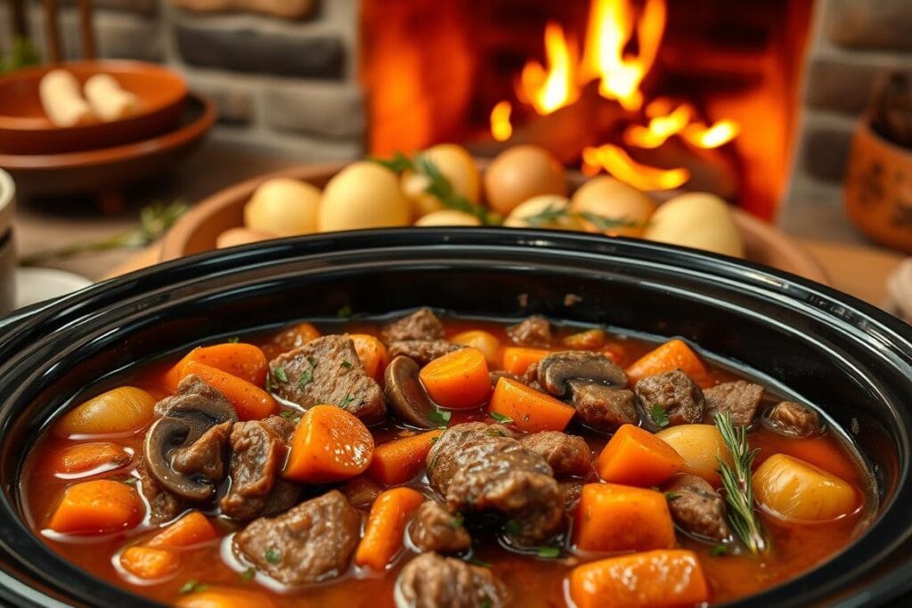 A hearty crockpot beef stew, its rich broth simmering with tender chunks of beef, vibrant carrots, and aromatic herbs. The foreground showcases an array of tempting variations - perhaps a rendition with earthy mushrooms, another sprinkled with fragrant rosemary, and a third infused with the subtle sweetness of red wine. In the middle ground, soft potatoes and onions mingle, while the background suggests a cozy, rustic kitchen setting, with the glow of a fireplace casting a warm, inviting light. The image conveys the comforting, homemade essence of this classic dish, enticing the viewer to explore its many delectable iterations. A hearty crockpot beef stew, its rich broth simmering with tender chunks of beef, vibrant carrots, and aromatic herbs. The foreground showcases an array of tempting variations - perhaps a rendition with earthy mushrooms, another sprinkled with fragrant rosemary, and a third infused with the subtle sweetness of red wine. In the middle ground, soft potatoes and onions mingle, while the background suggests a cozy, rustic kitchen setting, with the glow of a fireplace casting a warm, inviting light. The image conveys the comforting, homemade essence of this classic dish, enticing the viewer to explore its many delectable iterations.