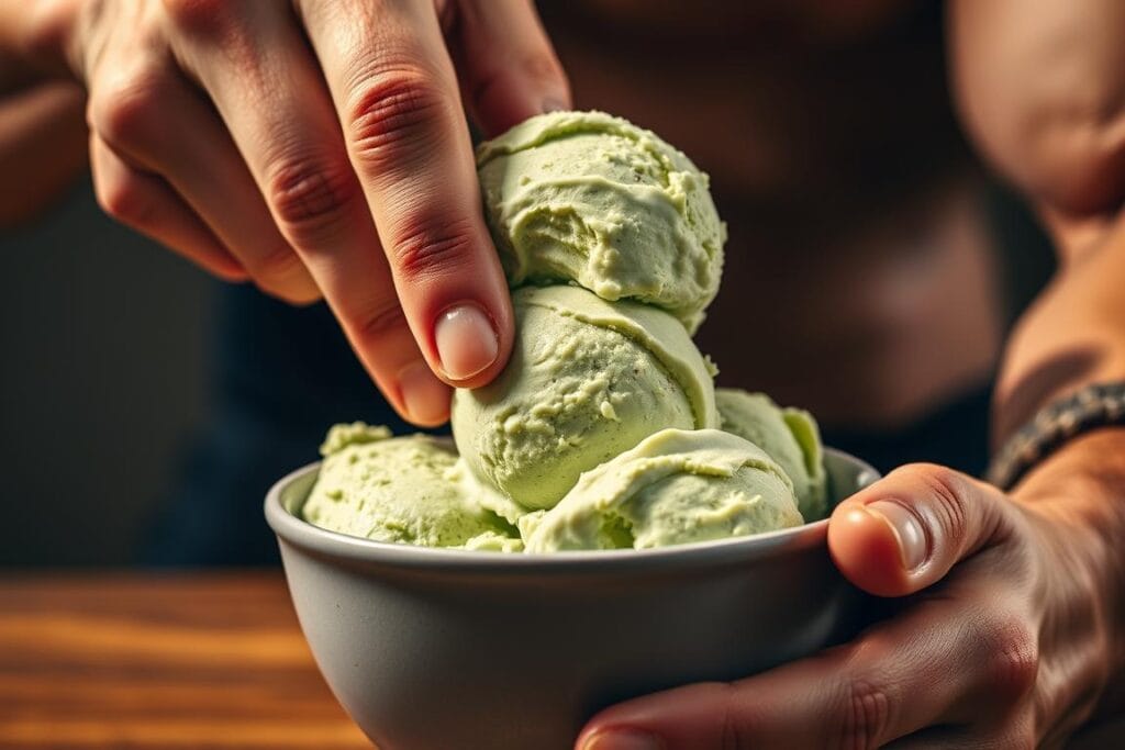 A high-contrast, close-up photograph of a scoop of protein-packed pistachio ice cream, with a bodybuilder's muscular hand gently scooping it into a bowl. The ice cream's creamy texture and vibrant green color are the focal point, but the strong fingers and veiny hand provide a striking contrast, implying the benefits of this nutrient-dense frozen treat for muscle recovery and growth. The background is slightly blurred, keeping the attention on the ice cream and the hand. Warm, directional lighting casts dramatic shadows, emphasizing the sculpted musculature. The overall mood is one of determination, health, and the hard-earned rewards of fitness. A high-contrast, close-up photograph of a scoop of protein-packed pistachio ice cream, with a bodybuilder's muscular hand gently scooping it into a bowl. The ice cream's creamy texture and vibrant green color are the focal point, but the strong fingers and veiny hand provide a striking contrast, implying the benefits of this nutrient-dense frozen treat for muscle recovery and growth. The background is slightly blurred, keeping the attention on the ice cream and the hand. Warm, directional lighting casts dramatic shadows, emphasizing the sculpted musculature. The overall mood is one of determination, health, and the hard-earned rewards of fitness.