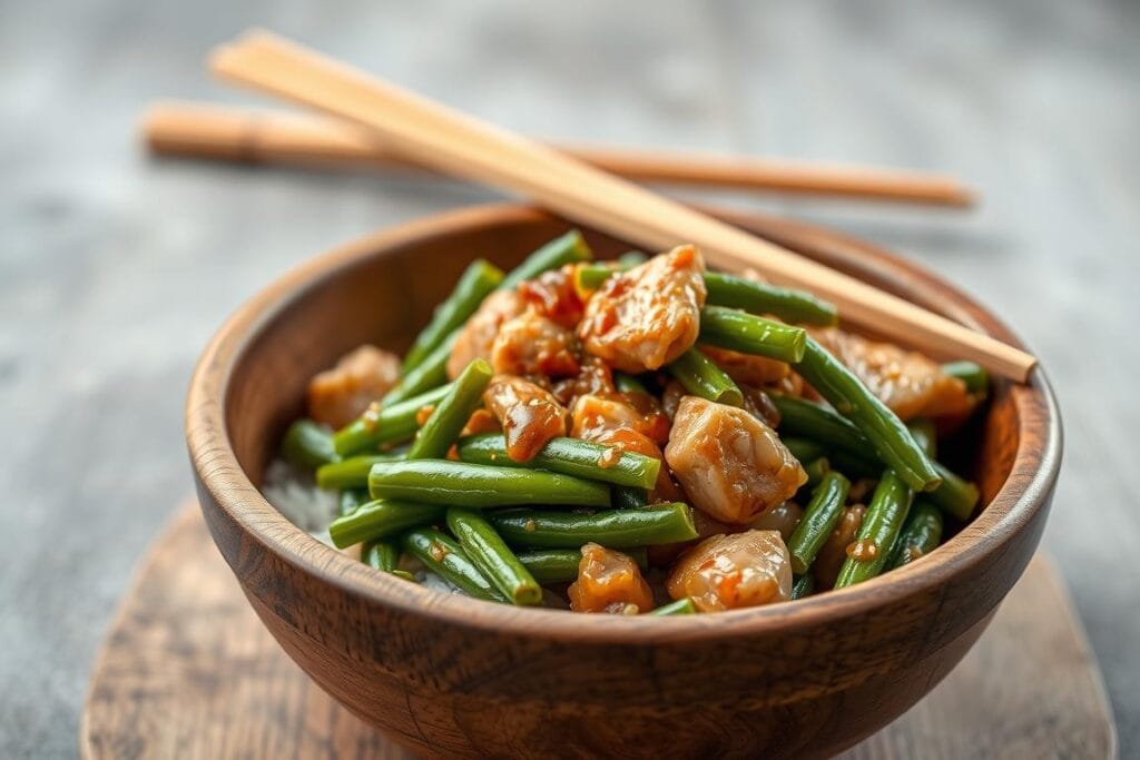 A high-quality, detailed image of a simple stir-fry dish in a rustic, wooden serving bowl. The foreground features the steaming stir-fry, with vibrant green beans, tender chicken, and a glistening sesame sauce. The middle ground showcases a pair of wooden chopsticks, their warm hues complementing the dish. In the background, a soft, diffused light illuminates the scene, creating a cozy, homemade atmosphere. The overall composition conveys the ease and simplicity of this delicious, single-serving meal, perfectly illustrating the "Preparation Time and Serving Size" section of the "Tasty Sesame Chicken, Green Beans & Rice Recipe" article. A high-quality, detailed image of a simple stir-fry dish in a rustic, wooden serving bowl. The foreground features the steaming stir-fry, with vibrant green beans, tender chicken, and a glistening sesame sauce. The middle ground showcases a pair of wooden chopsticks, their warm hues complementing the dish. In the background, a soft, diffused light illuminates the scene, creating a cozy, homemade atmosphere. The overall composition conveys the ease and simplicity of this delicious, single-serving meal, perfectly illustrating the "Preparation Time and Serving Size" section of the "Tasty Sesame Chicken, Green Beans & Rice Recipe" article.