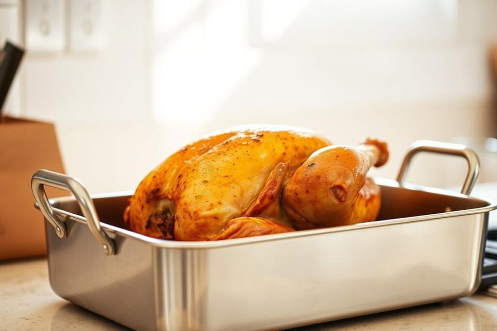 A high-quality, stainless steel roasting pan with a sturdy, riveted construction, sitting on a well-lit kitchen counter. The pan has a large, rectangular shape, with tall, flared sides to capture juices and prevent splattering. A warm, natural lighting illuminates the pan from above, casting soft shadows and highlights that accentuate its metallic sheen. The pan is positioned at a slight angle, inviting the viewer to imagine the succulent, golden-brown roasted chicken it will soon contain, ready to be presented as the centerpiece of a delicious meal. A high-quality, stainless steel roasting pan with a sturdy, riveted construction, sitting on a well-lit kitchen counter. The pan has a large, rectangular shape, with tall, flared sides to capture juices and prevent splattering. A warm, natural lighting illuminates the pan from above, casting soft shadows and highlights that accentuate its metallic sheen. The pan is positioned at a slight angle, inviting the viewer to imagine the succulent, golden-brown roasted chicken it will soon contain, ready to be presented as the centerpiece of a delicious meal.