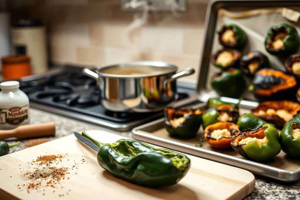 A kitchen counter filled with a variety of cooking methods for stuffed peppers. In the foreground, a cutting board with a halved poblano pepper, a knife, and various spices and herbs. In the middle ground, a saucepan simmering on the stove, releasing steam and the aroma of a creamy, cheesy filling. In the background, a sheet pan with roasted peppers, their charred skins peeled, ready to be stuffed. The scene is illuminated by soft, natural lighting, creating a cozy and inviting atmosphere, perfect for a comforting, homemade meal. A kitchen counter filled with a variety of cooking methods for stuffed peppers. In the foreground, a cutting board with a halved poblano pepper, a knife, and various spices and herbs. In the middle ground, a saucepan simmering on the stove, releasing steam and the aroma of a creamy, cheesy filling. In the background, a sheet pan with roasted peppers, their charred skins peeled, ready to be stuffed. The scene is illuminated by soft, natural lighting, creating a cozy and inviting atmosphere, perfect for a comforting, homemade meal.