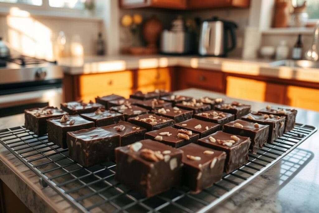 A kitchen countertop, softly lit from above, with a cooling rack displaying freshly made German chocolate fudge. The fudge, in thick, glistening squares, is starting to set, their rich brown hue contrasted by flecks of toasted coconut and pecans. Beams of warm light filter through nearby windows, casting a cozy glow over the delectable confections as they slowly transition from molten to solid. The scene evokes a sense of homemade comfort and the anticipation of indulging in a decadent, homemade treat.