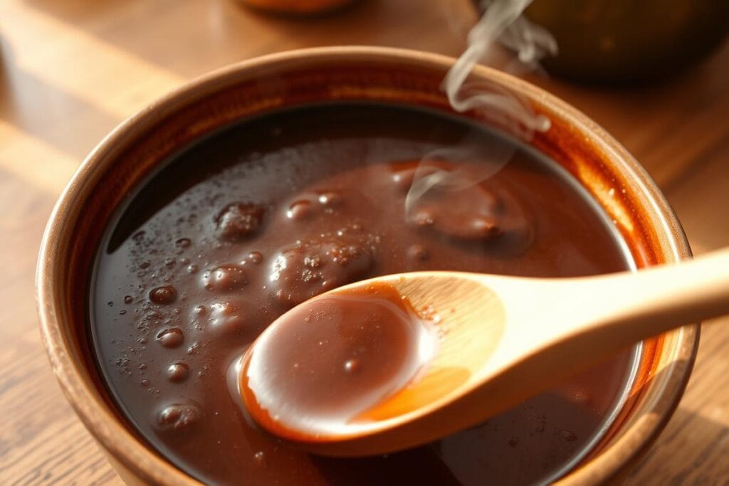 A large bowl of freshly made mole sauce, the rich and complex Mexican condiment, sits on a wooden kitchen counter. The sauce is a deep, velvety brown, glistening with a glossy sheen. Wisps of aromatic steam rise from the bowl, hinting at the blend of spices and chilies that give the sauce its distinctive flavor. In the foreground, a wooden spoon emerges, ready to stir and incorporate the ingredients. The lighting is warm and natural, casting subtle shadows that accentuate the texture and depth of the sauce. The overall scene evokes the sights, smells, and tactile experience of making an authentic, homemade mole sauce. A large bowl of freshly made mole sauce, the rich and complex Mexican condiment, sits on a wooden kitchen counter. The sauce is a deep, velvety brown, glistening with a glossy sheen. Wisps of aromatic steam rise from the bowl, hinting at the blend of spices and chilies that give the sauce its distinctive flavor. In the foreground, a wooden spoon emerges, ready to stir and incorporate the ingredients. The lighting is warm and natural, casting subtle shadows that accentuate the texture and depth of the sauce. The overall scene evokes the sights, smells, and tactile experience of making an authentic, homemade mole sauce.