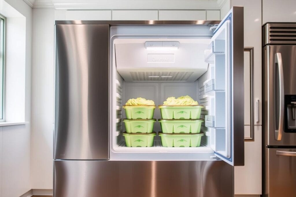 A large, gleaming stainless steel freezer chest stands in a well-lit, modern kitchen. The freezer's door is slightly ajar, revealing the contents within - neatly stacked containers of vibrant green, pistachio-flavored ice cream. The lighting casts a soft, even glow, highlighting the creamy texture of the frozen treat. The freezer's exterior has a sleek, minimalist design, conveying a sense of efficiency and organization. The scene evokes a feeling of healthy indulgence, where nutrient-dense ice cream is stored for easy access and enjoyment. The overall atmosphere is one of clean, functional sophistication, perfectly suited for the "Creamy High Protein Pistachio Ice Cream" article's "Storage and Serving Recommendations" section. A large, gleaming stainless steel freezer chest stands in a well-lit, modern kitchen. The freezer's door is slightly ajar, revealing the contents within - neatly stacked containers of vibrant green, pistachio-flavored ice cream. The lighting casts a soft, even glow, highlighting the creamy texture of the frozen treat. The freezer's exterior has a sleek, minimalist design, conveying a sense of efficiency and organization. The scene evokes a feeling of healthy indulgence, where nutrient-dense ice cream is stored for easy access and enjoyment. The overall atmosphere is one of clean, functional sophistication, perfectly suited for the "Creamy High Protein Pistachio Ice Cream" article's "Storage and Serving Recommendations" section.