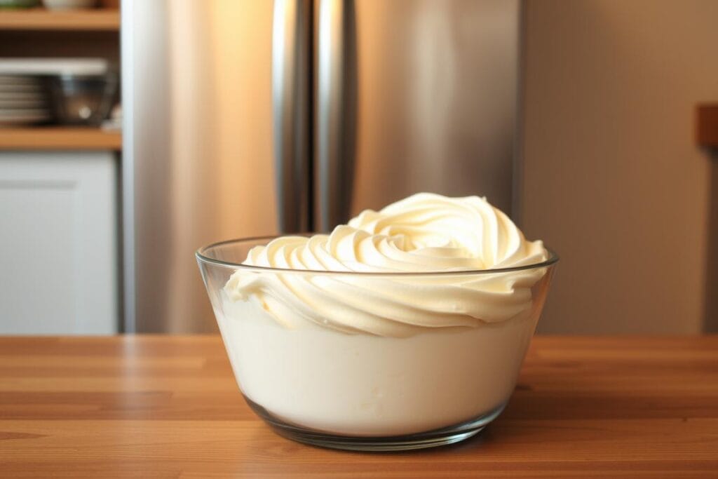 A large, transparent glass container sits on a wooden table, filled with fluffy, creamy white frosting. The frosting is neatly spooned into the container, creating swirling, textured patterns. In the background, a stainless steel freezer looms, its door slightly ajar, hinting at the chilled environment where the frosting will be stored. Warm, diffused lighting casts a soft glow over the scene, highlighting the smooth, glossy texture of the frosting. The overall atmosphere is one of organization, preservation, and culinary preparation, inviting the viewer to imagine the delicious sugar cookies this frosting will adorn. A large, transparent glass container sits on a wooden table, filled with fluffy, creamy white frosting. The frosting is neatly spooned into the container, creating swirling, textured patterns. In the background, a stainless steel freezer looms, its door slightly ajar, hinting at the chilled environment where the frosting will be stored. Warm, diffused lighting casts a soft glow over the scene, highlighting the smooth, glossy texture of the frosting. The overall atmosphere is one of organization, preservation, and culinary preparation, inviting the viewer to imagine the delicious sugar cookies this frosting will adorn.