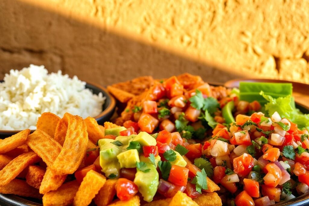 A lively spread of traditional Mexican side dishes, artfully arranged against a rustic backdrop. In the foreground, an array of vibrant colors and textures - crisp, golden-fried tostones, creamy avocado salsa, and a zesty pico de gallo brimming with fresh tomatoes, onions, and cilantro. In the middle ground, a pile of steaming, fluffy white rice, accented with fragrant spices. Behind, a textured wall of adobe or stucco, casting a warm, sun-drenched glow over the scene. Soft, directional lighting highlights the depth and richness of the dishes, creating a sense of authentic, homemade comfort. The overall mood is one of vibrant, mouthwatering Mexican flavor, perfectly complementing the hearty enchiladas. A lively spread of traditional Mexican side dishes, artfully arranged against a rustic backdrop. In the foreground, an array of vibrant colors and textures - crisp, golden-fried tostones, creamy avocado salsa, and a zesty pico de gallo brimming with fresh tomatoes, onions, and cilantro. In the middle ground, a pile of steaming, fluffy white rice, accented with fragrant spices. Behind, a textured wall of adobe or stucco, casting a warm, sun-drenched glow over the scene. Soft, directional lighting highlights the depth and richness of the dishes, creating a sense of authentic, homemade comfort. The overall mood is one of vibrant, mouthwatering Mexican flavor, perfectly complementing the hearty enchiladas.