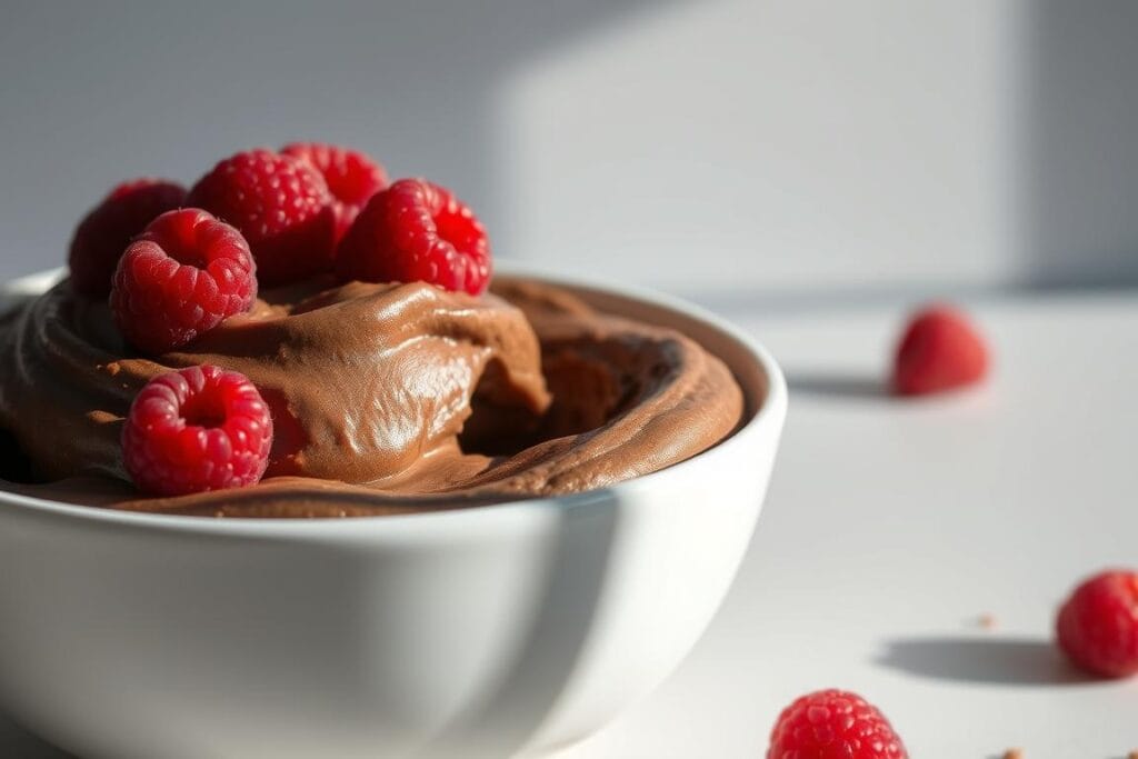 A luscious, creamy chocolate nice cream presented in a sleek white bowl, capturing the decadence and health-consciousness of this delectable treat. The smooth, rich texture is highlighted by dramatic side lighting, casting dramatic shadows that accentuate the silky surface. The nice cream is topped with a scattering of fresh raspberries, their vibrant red hues complementing the deep chocolate tones. The overall scene exudes an inviting, minimalist elegance, perfectly capturing the balance of indulgence and nourishment that defines a healthy, homemade chocolate nice cream. A luscious, creamy chocolate nice cream presented in a sleek white bowl, capturing the decadence and health-consciousness of this delectable treat. The smooth, rich texture is highlighted by dramatic side lighting, casting dramatic shadows that accentuate the silky surface. The nice cream is topped with a scattering of fresh raspberries, their vibrant red hues complementing the deep chocolate tones. The overall scene exudes an inviting, minimalist elegance, perfectly capturing the balance of indulgence and nourishment that defines a healthy, homemade chocolate nice cream.