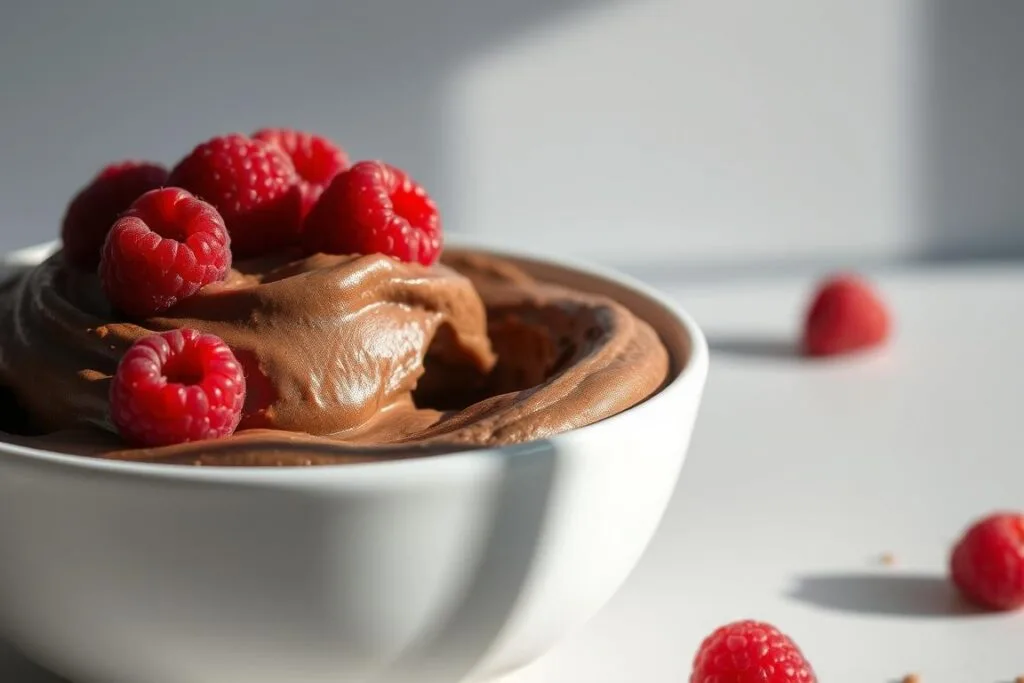 A luscious, creamy chocolate nice cream presented in a sleek white bowl, capturing the decadence and health-consciousness of this delectable treat. The smooth, rich texture is highlighted by dramatic side lighting, casting dramatic shadows that accentuate the silky surface. The nice cream is topped with a scattering of fresh raspberries, their vibrant red hues complementing the deep chocolate tones. The overall scene exudes an inviting, minimalist elegance, perfectly capturing the balance of indulgence and nourishment that defines a healthy, homemade chocolate nice cream. A luscious, creamy chocolate nice cream presented in a sleek white bowl, capturing the decadence and health-consciousness of this delectable treat. The smooth, rich texture is highlighted by dramatic side lighting, casting dramatic shadows that accentuate the silky surface. The nice cream is topped with a scattering of fresh raspberries, their vibrant red hues complementing the deep chocolate tones. The overall scene exudes an inviting, minimalist elegance, perfectly capturing the balance of indulgence and nourishment that defines a healthy, homemade chocolate nice cream.
