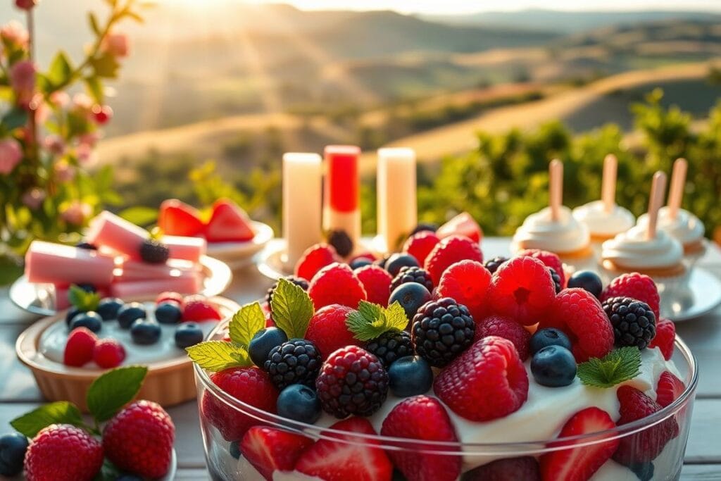 A lush, sun-drenched scene of summer desserts against a backdrop of vibrant berries and fresh greenery. In the foreground, a decadent berry cheesecake salad, the creamy filling accented by juicy raspberries, blueberries, and blackberries. The middle ground features an array of tempting treats - chilled fruit tarts, refreshing popsicles, and delicate lemon meringue tartlets. The background is a dreamy landscape of rolling hills, with the warm glow of the sun casting a soft, golden light across the entire scene. The overall mood is one of indulgence, joy, and the irresistible allure of summer's finest desserts.