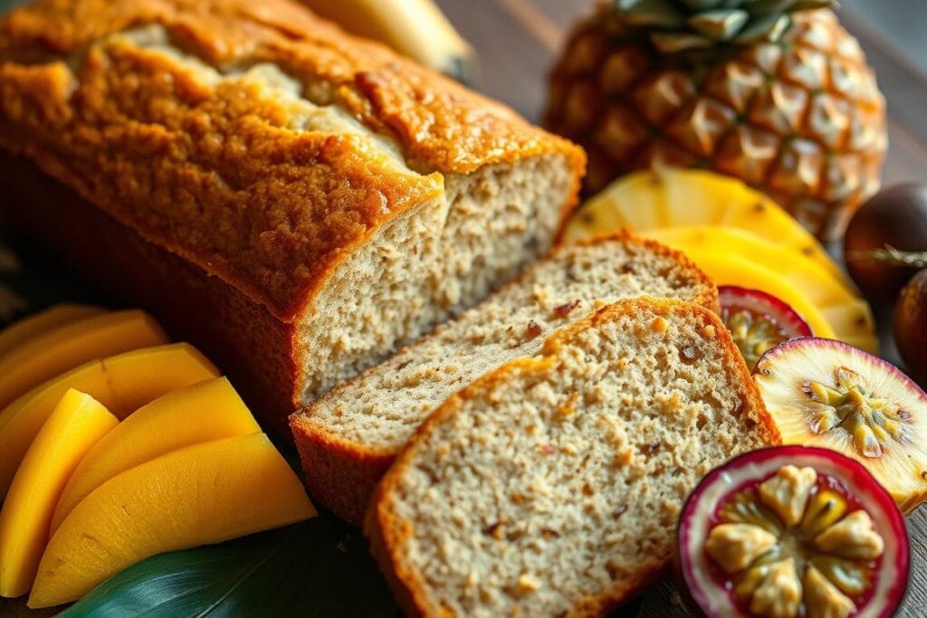 A lush tropical scene showcases a freshly baked loaf of Hawaiian banana bread, its golden crust glistening under warm, diffused lighting. Slices of the fragrant, moist bread are arrayed alongside vibrant tropical fruits - plump mango slices, ripe pineapple wedges, and juicy passionfruit. The arrangement is captured from a high angle, highlighting the contrasting textures and colors. The background is softly blurred, drawing the viewer's focus to the sumptuous display of flavors. An enticing aroma of vanilla, cinnamon, and ripe bananas fills the air, inviting the viewer to savor this delectable island treat. A lush tropical scene showcases a freshly baked loaf of Hawaiian banana bread, its golden crust glistening under warm, diffused lighting. Slices of the fragrant, moist bread are arrayed alongside vibrant tropical fruits - plump mango slices, ripe pineapple wedges, and juicy passionfruit. The arrangement is captured from a high angle, highlighting the contrasting textures and colors. The background is softly blurred, drawing the viewer's focus to the sumptuous display of flavors. An enticing aroma of vanilla, cinnamon, and ripe bananas fills the air, inviting the viewer to savor this delectable island treat.