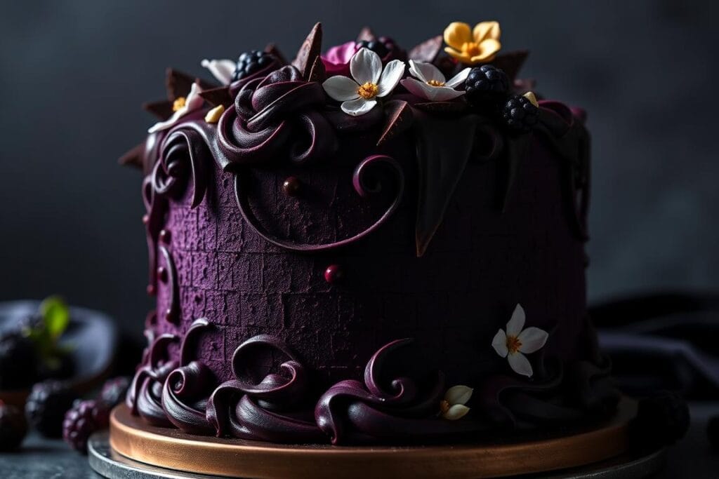 A lush, velvety blackberry cake adorned with intricate Gothic-inspired details, shot in a dramatic low-angle perspective. Ornate piping work and elegant chocolate shards cascade across the midnight-hued cake, casting dramatic shadows under dramatic studio lighting. Delicate edible flowers and shimmering gold leaf accent the rich, saturated tones. The cake's luxurious texture and bold, moody atmosphere evoke a sense of otherworldly sophistication. A lush, velvety blackberry cake adorned with intricate Gothic-inspired details, shot in a dramatic low-angle perspective. Ornate piping work and elegant chocolate shards cascade across the midnight-hued cake, casting dramatic shadows under dramatic studio lighting. Delicate edible flowers and shimmering gold leaf accent the rich, saturated tones. The cake's luxurious texture and bold, moody atmosphere evoke a sense of otherworldly sophistication.