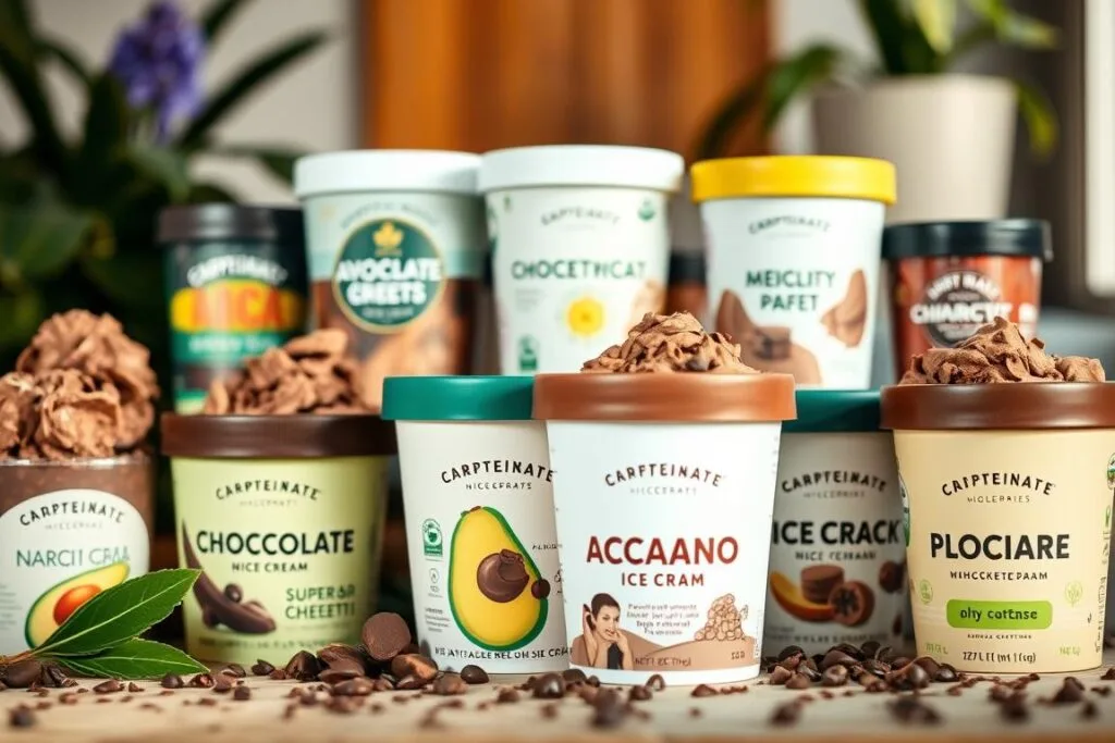 A lush, vibrant close-up photograph showcasing an artful arrangement of various healthy chocolate nice cream brands. In the foreground, meticulously crafted pints and tubs of plant-based, nutrient-dense chocolate ice cream made with wholesome ingredients like avocado, banana, and cacao. The middle ground features a diverse selection of sustainable, eco-friendly packaging designs with clean, modern labels. The background is softly blurred, allowing the viewer to focus on the star of the scene - the decadent, creamy chocolate nice creams. Warm, natural lighting illuminates the scene, highlighting the rich, chocolatey hues and inviting textures. The image evokes a sense of health, indulgence, and mindful consumption. A lush, vibrant close-up photograph showcasing an artful arrangement of various healthy chocolate nice cream brands. In the foreground, meticulously crafted pints and tubs of plant-based, nutrient-dense chocolate ice cream made with wholesome ingredients like avocado, banana, and cacao. The middle ground features a diverse selection of sustainable, eco-friendly packaging designs with clean, modern labels. The background is softly blurred, allowing the viewer to focus on the star of the scene - the decadent, creamy chocolate nice creams. Warm, natural lighting illuminates the scene, highlighting the rich, chocolatey hues and inviting textures. The image evokes a sense of health, indulgence, and mindful consumption.