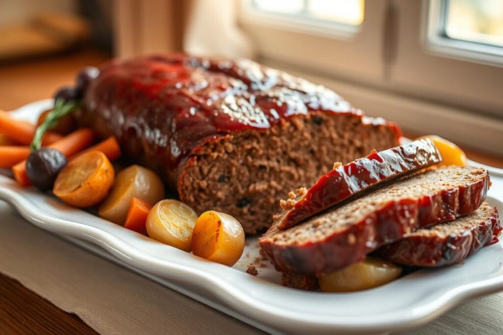 A meticulously presented family-friendly meatloaf dish, resting on a white serving platter adorned with a glossy glaze. The meatloaf is sliced to reveal its tender, juicy interior, surrounded by a selection of roasted vegetables, including carrots, potatoes, and onions, arranged in a visually pleasing manner. Warm lighting from a nearby window casts a soft, inviting glow, while a subtle depth of field creates a focus on the main subject. The overall composition exudes a sense of home-cooked comfort and culinary expertise, perfectly complementing the "Serving & Presentation Tips" section of the article. A meticulously presented family-friendly meatloaf dish, resting on a white serving platter adorned with a glossy glaze. The meatloaf is sliced to reveal its tender, juicy interior, surrounded by a selection of roasted vegetables, including carrots, potatoes, and onions, arranged in a visually pleasing manner. Warm lighting from a nearby window casts a soft, inviting glow, while a subtle depth of field creates a focus on the main subject. The overall composition exudes a sense of home-cooked comfort and culinary expertise, perfectly complementing the "Serving & Presentation Tips" section of the article.