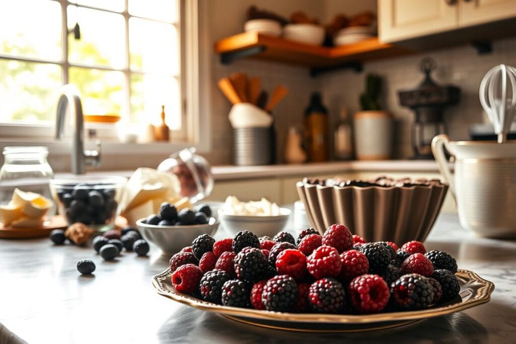 A meticulously staged kitchen counter, bathed in warm, diffused lighting from an overhead window. In the foreground, a platter holds an array of baking ingredients - ruby-red fresh blackberries, rich cocoa powder, creamy butter, and other essential elements for crafting a decadent Gothic-inspired cake. Delicate glass bowls and elegant utensils are arranged with care, hinting at the artful process to come. The middle ground showcases various stages of the preparation, from whisking fluffy egg whites to carefully layering velvety chocolate batter into a vintage cake tin. A sense of quiet focus and anticipation pervades the scene, inviting the viewer to imagine the sumptuous results of this carefully curated culinary journey. A meticulously staged kitchen counter, bathed in warm, diffused lighting from an overhead window. In the foreground, a platter holds an array of baking ingredients - ruby-red fresh blackberries, rich cocoa powder, creamy butter, and other essential elements for crafting a decadent Gothic-inspired cake. Delicate glass bowls and elegant utensils are arranged with care, hinting at the artful process to come. The middle ground showcases various stages of the preparation, from whisking fluffy egg whites to carefully layering velvety chocolate batter into a vintage cake tin. A sense of quiet focus and anticipation pervades the scene, inviting the viewer to imagine the sumptuous results of this carefully curated culinary journey.