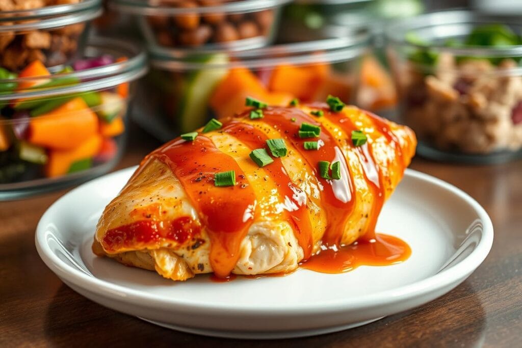 A mouth-watering close-up of a perfectly golden-brown honey garlic chicken breast, drizzled with a glossy, caramelized glaze and garnished with freshly chopped parsley. The chicken is presented on a simple white ceramic plate, set against a softly blurred background of various meal prep containers filled with colorful, nutritious sides. Warm, directional lighting casts a flattering glow on the succulent meat, highlighting its tender, juicy texture. The scene evokes a sense of effortless, home-cooked deliciousness, perfect for a nourishing, make-ahead weeknight meal. A mouth-watering close-up of a perfectly golden-brown honey garlic chicken breast, drizzled with a glossy, caramelized glaze and garnished with freshly chopped parsley. The chicken is presented on a simple white ceramic plate, set against a softly blurred background of various meal prep containers filled with colorful, nutritious sides. Warm, directional lighting casts a flattering glow on the succulent meat, highlighting its tender, juicy texture. The scene evokes a sense of effortless, home-cooked deliciousness, perfect for a nourishing, make-ahead weeknight meal.