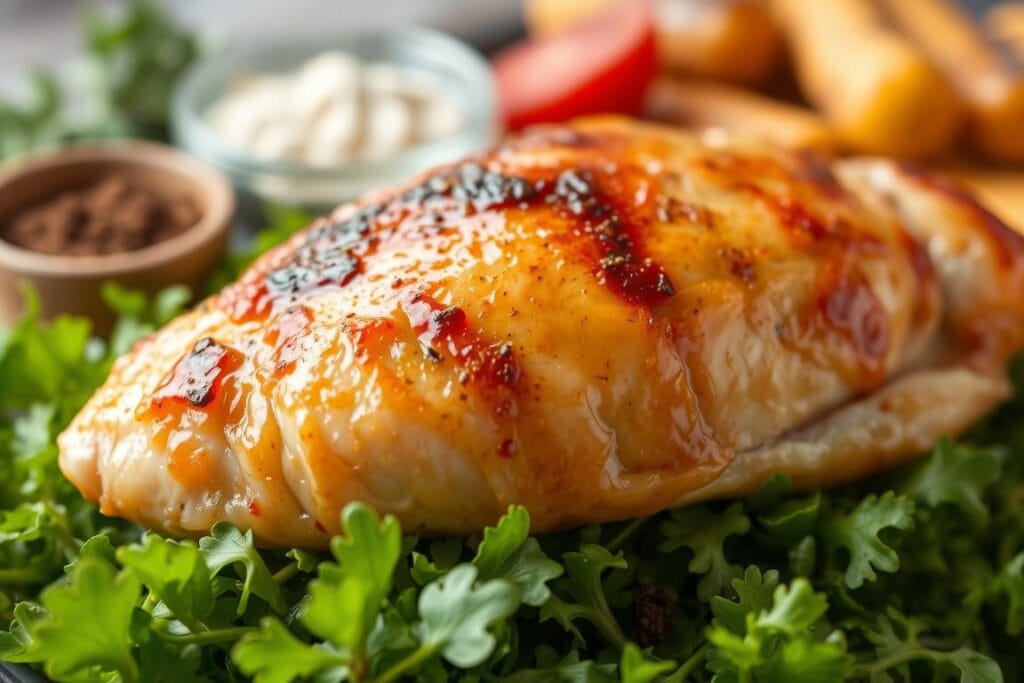 A mouth-watering, close-up shot of a perfectly baked chicken breast, glistening with a light golden-brown glaze, resting on a bed of fresh, vibrant greens. The chicken's juicy, tender texture is evident, inviting the viewer to savor its nutritional benefits. In the background, a selection of wholesome ingredients associated with healthy chicken dishes, such as herbs, spices, and perhaps a side of roasted vegetables, create a visually appealing and appetizing scene. The lighting is soft and natural, highlighting the dish's inviting warmth and the crisp details of the chicken's surface. The overall composition and styling convey the simple, yet nourishing, qualities of a baked chicken recipe. A mouth-watering, close-up shot of a perfectly baked chicken breast, glistening with a light golden-brown glaze, resting on a bed of fresh, vibrant greens. The chicken's juicy, tender texture is evident, inviting the viewer to savor its nutritional benefits. In the background, a selection of wholesome ingredients associated with healthy chicken dishes, such as herbs, spices, and perhaps a side of roasted vegetables, create a visually appealing and appetizing scene. The lighting is soft and natural, highlighting the dish's inviting warmth and the crisp details of the chicken's surface. The overall composition and styling convey the simple, yet nourishing, qualities of a baked chicken recipe.