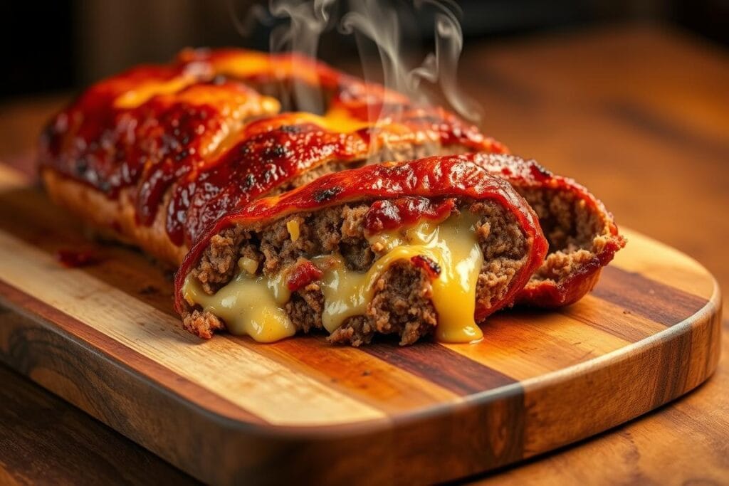 A mouthwatering Traeger Pizza Meatloaf with melted cheese takes center stage on a rustic wooden cutting board. The juicy, caramelized meatloaf is sliced to reveal a gooey, golden cheese filling, while wisps of steam curl upwards. Warm hues from the Traeger's even, indirect heat bathe the scene in a cozy, inviting glow. The camera angles highlight the recipe's hearty textures and flavors, showcasing the dish's irresistible appeal. Subtle shadows add depth, while the clean, uncluttered composition draws the eye to the star of the show - the satisfying, homemade Traeger Pizza Meatloaf. A mouthwatering Traeger Pizza Meatloaf with melted cheese takes center stage on a rustic wooden cutting board. The juicy, caramelized meatloaf is sliced to reveal a gooey, golden cheese filling, while wisps of steam curl upwards. Warm hues from the Traeger's even, indirect heat bathe the scene in a cozy, inviting glow. The camera angles highlight the recipe's hearty textures and flavors, showcasing the dish's irresistible appeal. Subtle shadows add depth, while the clean, uncluttered composition draws the eye to the star of the show - the satisfying, homemade Traeger Pizza Meatloaf.
