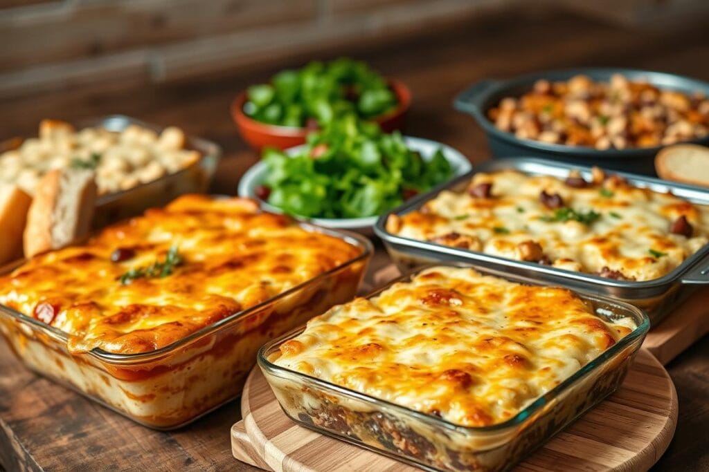 A mouthwatering array of French onion casserole variations, beautifully presented on a rustic wooden table. In the foreground, a classic baked casserole with bubbly, golden-brown cheese topping, accompanied by garnishes of fresh thyme and a side of crusty bread. Behind it, a creamy, cheesy version with a hint of garlic, and a vegetarian option featuring roasted vegetables. The middle ground showcases a hearty ground beef and rice-based casserole, its rich flavors complemented by caramelized onions. In the background, a vibrant green salad adds a refreshing contrast, while soft lighting casts a cozy, inviting atmosphere, capturing the comforting essence of these beloved French onion casserole variations.