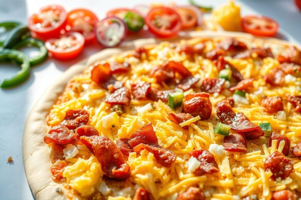 A mouthwatering array of classic breakfast pizza toppings, meticulously arranged on a pristine surface. In the foreground, a mosaic of crispy bacon strips, fluffy scrambled eggs, and grated cheddar cheese, glistening under natural sunlight. In the middle ground, sliced tomatoes, onions, and green peppers add vibrant pops of color, complementing the hearty ingredients. In the background, a plain pizza crust provides a neutral canvas, ready to be transformed into a delightful breakfast masterpiece. The overall composition evokes a sense of culinary harmony, inviting the viewer to imagine the savory flavors and textures of this irresistible breakfast pizza. A mouthwatering array of classic breakfast pizza toppings, meticulously arranged on a pristine surface. In the foreground, a mosaic of crispy bacon strips, fluffy scrambled eggs, and grated cheddar cheese, glistening under natural sunlight. In the middle ground, sliced tomatoes, onions, and green peppers add vibrant pops of color, complementing the hearty ingredients. In the background, a plain pizza crust provides a neutral canvas, ready to be transformed into a delightful breakfast masterpiece. The overall composition evokes a sense of culinary harmony, inviting the viewer to imagine the savory flavors and textures of this irresistible breakfast pizza.
