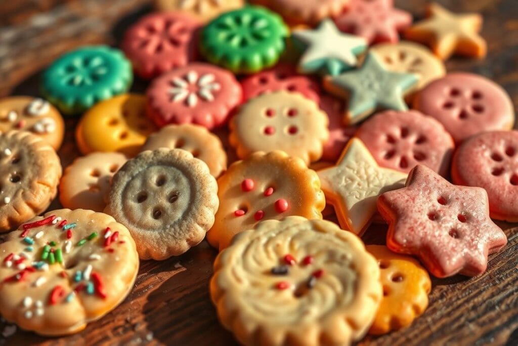 A mouthwatering assortment of button-shaped cookies in various vibrant colors and intricate patterns, artfully arranged on a rustic wooden surface. The foreground showcases the cookies in crisp close-up, revealing their delicate textures and delectable decorations, such as sprinkles, icing swirls, and embossed designs. The middle ground features a mix of round, square, and star-shaped cookies, each with its own unique personality. The background is softly blurred, creating a sense of depth and focus on the captivating cookie variations. Warm, natural lighting casts gentle shadows, accentuating the cookies' dimensional shapes and inviting the viewer to imagine their irresistible flavors. A mouthwatering assortment of button-shaped cookies in various vibrant colors and intricate patterns, artfully arranged on a rustic wooden surface. The foreground showcases the cookies in crisp close-up, revealing their delicate textures and delectable decorations, such as sprinkles, icing swirls, and embossed designs. The middle ground features a mix of round, square, and star-shaped cookies, each with its own unique personality. The background is softly blurred, creating a sense of depth and focus on the captivating cookie variations. Warm, natural lighting casts gentle shadows, accentuating the cookies' dimensional shapes and inviting the viewer to imagine their irresistible flavors.