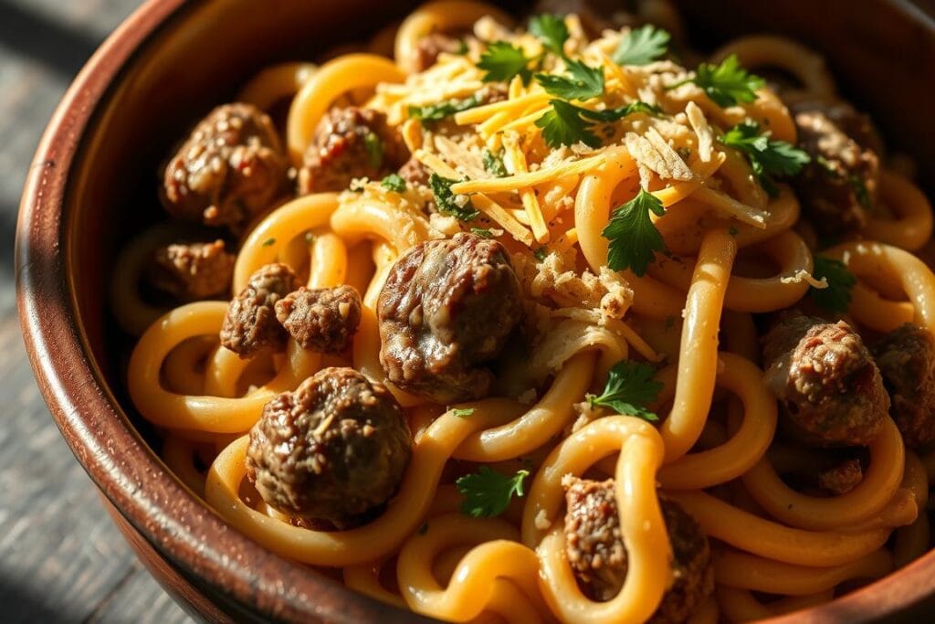 A mouthwatering close-up of a hearty serving of beef and cheddar ranch pasta, presented in a rustic earthenware bowl. The pasta is twirled around tender beef morsels, blanketed in a creamy, cheesy sauce infused with herbal ranch notes. Grated cheddar cheese and fresh parsley garnish the top, casting a golden-yellow and verdant hue. Dramatic side lighting casts shadows that accentuate the dish's appetizing texture and depth. The composition emphasizes the comforting, homemade nature of this nourishing, one-pot wonder.