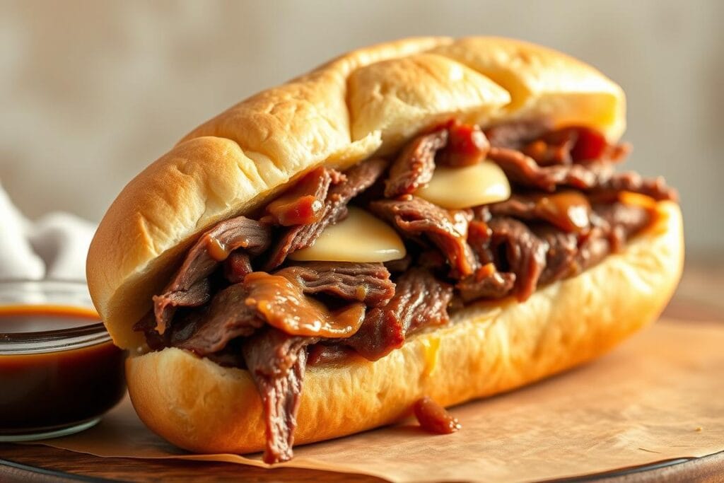 A mouthwatering crockpot French dip sandwich, with tender, slow-cooked roast beef piled high on a soft, toasted hoagie roll. The beef is glistening with its own flavorful juices, complemented by melted Swiss cheese and a rich, savory au jus dipping sauce on the side. The scene is bathed in warm, soft lighting, casting a cozy, inviting atmosphere. The sandwich is framed against a neutral background, allowing the dish to take center stage. The camera angle is slightly elevated, showcasing the sandwich's impressive height and tempting layers. This image perfectly captures the comforting, homemade essence of the ultimate crockpot French dip recipe. A mouthwatering crockpot French dip sandwich, with tender, slow-cooked roast beef piled high on a soft, toasted hoagie roll. The beef is glistening with its own flavorful juices, complemented by melted Swiss cheese and a rich, savory au jus dipping sauce on the side. The scene is bathed in warm, soft lighting, casting a cozy, inviting atmosphere. The sandwich is framed against a neutral background, allowing the dish to take center stage. The camera angle is slightly elevated, showcasing the sandwich's impressive height and tempting layers. This image perfectly captures the comforting, homemade essence of the ultimate crockpot French dip recipe.