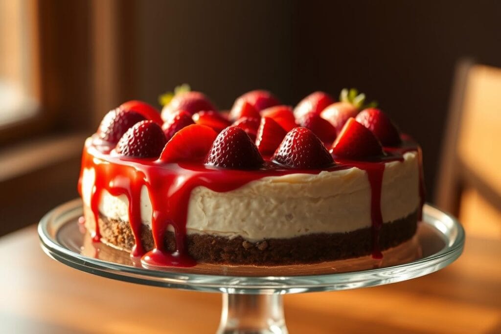 A mouthwatering strawberry cheesecake sitting on a glass pedestal, the creamy filling adorned with freshly sliced strawberries and a drizzle of ruby red sauce. The cake is illuminated by warm, natural lighting that casts gentle shadows, highlighting its luscious, smooth texture. The background is softly blurred, putting the delectable dessert in the spotlight. The scene exudes an inviting, indulgent atmosphere, beckoning the viewer to take a bite of this heavenly treat. A mouthwatering strawberry cheesecake sitting on a glass pedestal, the creamy filling adorned with freshly sliced strawberries and a drizzle of ruby red sauce. The cake is illuminated by warm, natural lighting that casts gentle shadows, highlighting its luscious, smooth texture. The background is softly blurred, putting the delectable dessert in the spotlight. The scene exudes an inviting, indulgent atmosphere, beckoning the viewer to take a bite of this heavenly treat.