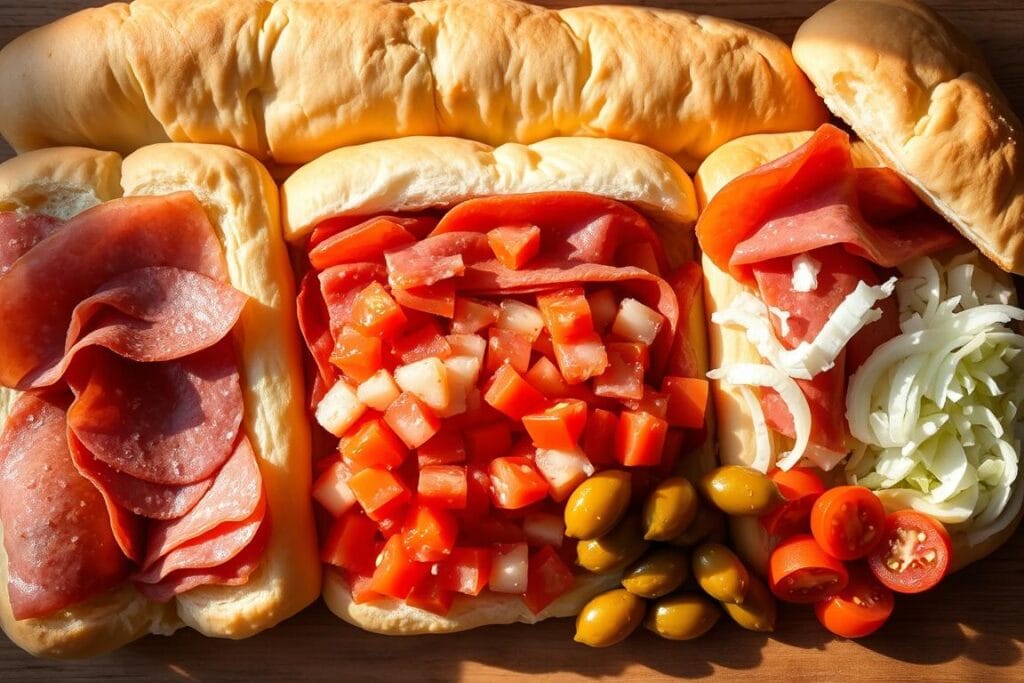 A neatly arranged assortment of freshly baked Italian sub rolls, sliced salami, capocollo, prosciutto, provolone cheese, diced tomatoes, sliced onions, shredded lettuce, and a handful of pickled pepperoncini peppers. The ingredients are illuminated by soft, natural lighting, casting warm shadows and highlights that accentuate their textures and colors. The composition is balanced, with the various components strategically placed to create an appetizing and visually appealing display. The overall mood is one of rustic simplicity and culinary delight, inviting the viewer to imagine the delicious flavors and satisfying crunch of the perfect hot Italian sub slider. A neatly arranged assortment of freshly baked Italian sub rolls, sliced salami, capocollo, prosciutto, provolone cheese, diced tomatoes, sliced onions, shredded lettuce, and a handful of pickled pepperoncini peppers. The ingredients are illuminated by soft, natural lighting, casting warm shadows and highlights that accentuate their textures and colors. The composition is balanced, with the various components strategically placed to create an appetizing and visually appealing display. The overall mood is one of rustic simplicity and culinary delight, inviting the viewer to imagine the delicious flavors and satisfying crunch of the perfect hot Italian sub slider.