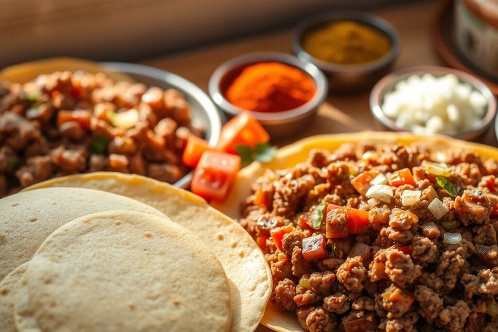 A neatly arranged collection of authentic enchilada ingredients, bathed in warm, natural lighting. In the foreground, a stack of soft corn tortillas, their golden hue inviting. Beside them, a platter of seasoned ground beef, its rich aroma mingling with the scent of freshly chopped onions and garlic. In the middle, a bowl of vibrant, fire-roasted tomatoes, their skins blistered and bursting with flavor. In the background, a vibrant array of spices – cumin, chili powder, oregano – nestled in small bowls, ready to lend their distinctive notes to the dish. The overall scene exudes a sense of rustic, homemade charm, capturing the essence of traditional Tex-Mex cuisine. A neatly arranged collection of authentic enchilada ingredients, bathed in warm, natural lighting. In the foreground, a stack of soft corn tortillas, their golden hue inviting. Beside them, a platter of seasoned ground beef, its rich aroma mingling with the scent of freshly chopped onions and garlic. In the middle, a bowl of vibrant, fire-roasted tomatoes, their skins blistered and bursting with flavor. In the background, a vibrant array of spices – cumin, chili powder, oregano – nestled in small bowls, ready to lend their distinctive notes to the dish. The overall scene exudes a sense of rustic, homemade charm, capturing the essence of traditional Tex-Mex cuisine.