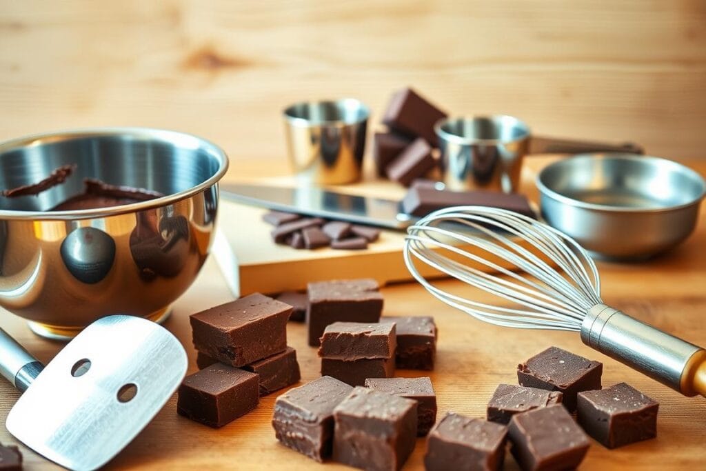 A neatly arranged collection of essential kitchen tools for crafting creamy, indulgent German chocolate fudge. In the foreground, a gleaming set of metal mixing bowls, a sturdy spatula, and a whisk for blending the rich, velvety ingredients. In the middle ground, a shiny, sharp knife for chopping chocolate, along with a set of measuring cups and spoons. The background features a warm, inviting wooden surface, creating a cozy, homemade atmosphere. Soft, natural lighting casts a gentle glow, highlighting the tools' functionality and the care required to prepare this decadent confection. The overall scene exudes a sense of anticipation, as if the viewer is about to embark on a delightful chocolate-making journey.