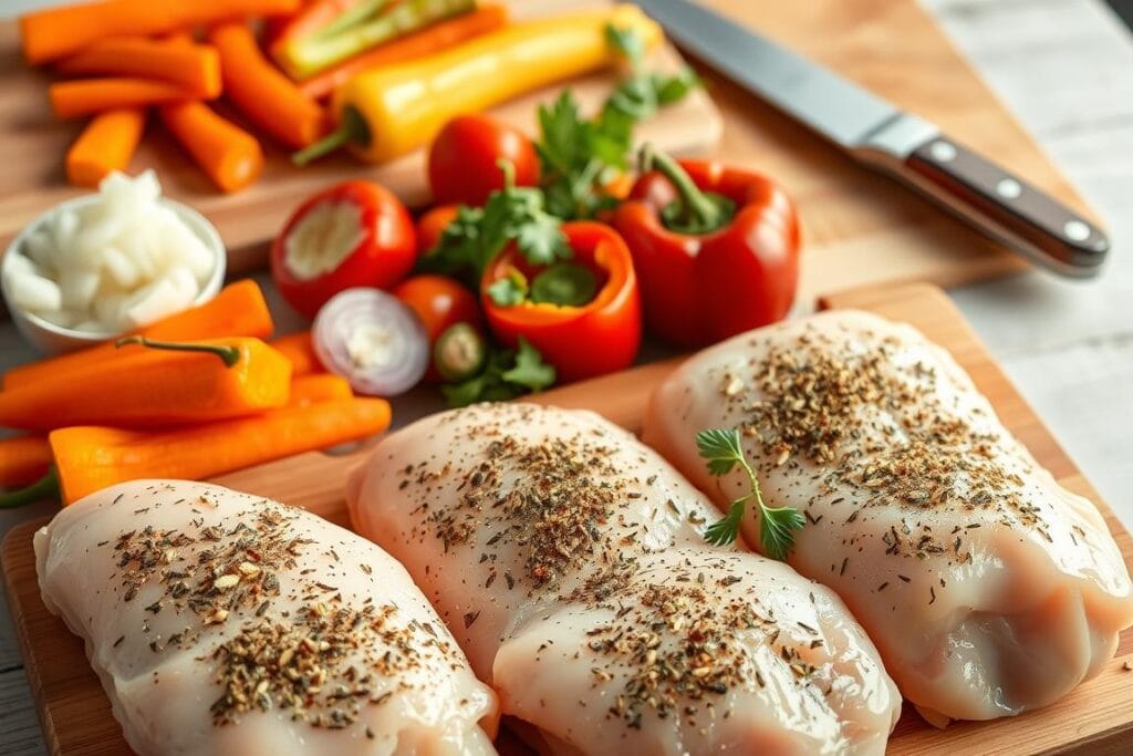 A neatly arranged composition showcasing the essential ingredients for a baked chicken recipe. In the foreground, freshly cut chicken breasts, seasoned with a blend of fragrant herbs and spices. In the middle ground, a collection of vibrant vegetables like carrots, bell peppers, and onions, ready to be chopped and added to the dish. The background features a wooden cutting board, a chef's knife, and a baking tray, suggesting the tools and equipment needed for the preparation process. The scene is illuminated by soft, natural lighting, creating a warm and inviting atmosphere. The overall impression is one of simplicity, organization, and the promise of a delicious, homemade meal. A neatly arranged composition showcasing the essential ingredients for a baked chicken recipe. In the foreground, freshly cut chicken breasts, seasoned with a blend of fragrant herbs and spices. In the middle ground, a collection of vibrant vegetables like carrots, bell peppers, and onions, ready to be chopped and added to the dish. The background features a wooden cutting board, a chef's knife, and a baking tray, suggesting the tools and equipment needed for the preparation process. The scene is illuminated by soft, natural lighting, creating a warm and inviting atmosphere. The overall impression is one of simplicity, organization, and the promise of a delicious, homemade meal.