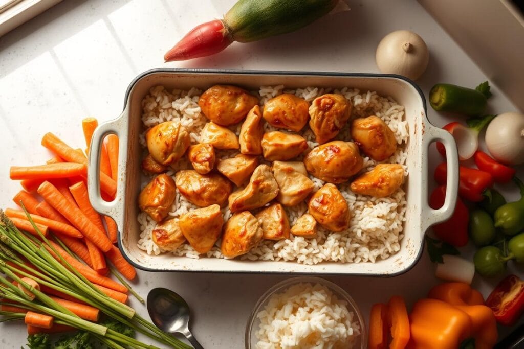 A neatly arranged countertop with a rectangular baking dish filled with tender, golden-brown chicken pieces nestled among fluffy white rice. Surrounding the casserole, an assortment of fresh vegetables - sliced carrots, onions, and bell peppers - await their turn to be added. Warm, soft lighting casts a cozy glow, highlighting the textures and inviting the viewer to imagine the delicious aroma. The scene conveys a sense of easy, homemade preparation, perfect for a weeknight dinner. A stainless steel spoon rests nearby, ready to scoop and serve the comforting chicken and rice casserole. A neatly arranged countertop with a rectangular baking dish filled with tender, golden-brown chicken pieces nestled among fluffy white rice. Surrounding the casserole, an assortment of fresh vegetables - sliced carrots, onions, and bell peppers - await their turn to be added. Warm, soft lighting casts a cozy glow, highlighting the textures and inviting the viewer to imagine the delicious aroma. The scene conveys a sense of easy, homemade preparation, perfect for a weeknight dinner. A stainless steel spoon rests nearby, ready to scoop and serve the comforting chicken and rice casserole.