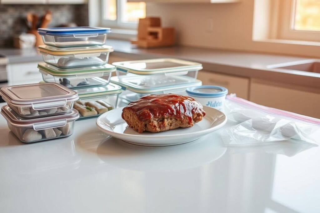A neatly arranged kitchen counter, bathed in warm, golden light from a nearby window. On the surface, a classic glazed meatloaf rests atop a clean, white platter, its shiny glaze reflecting the ambient glow. Surrounding the meatloaf, various storage solutions come into view - airtight glass containers, reusable silicone wraps, and plastic storage bags, all meticulously organized to preserve the meatloaf's flavor and texture. The scene exudes a sense of domestic tranquility, inviting the viewer to imagine the delicious possibilities of reheating and serving this timeless dish. A neatly arranged kitchen counter, bathed in warm, golden light from a nearby window. On the surface, a classic glazed meatloaf rests atop a clean, white platter, its shiny glaze reflecting the ambient glow. Surrounding the meatloaf, various storage solutions come into view - airtight glass containers, reusable silicone wraps, and plastic storage bags, all meticulously organized to preserve the meatloaf's flavor and texture. The scene exudes a sense of domestic tranquility, inviting the viewer to imagine the delicious possibilities of reheating and serving this timeless dish.
