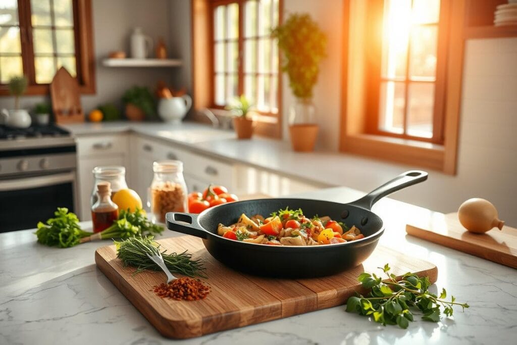 A neatly arranged kitchen countertop, bathed in warm, natural light streaming through large windows. On the counter, an array of ingredients and cooking utensils: a cast-iron skillet, a wooden cutting board, fresh herbs, spices, and a selection of colorful vegetables. The scene exudes a sense of culinary expertise and effortless preparation, hinting at the delicious one-pan meal that is about to be created. The composition is balanced, with the skillet taking center stage, surrounded by the supporting cast of ingredients. The overall mood is one of simplicity, functionality, and the promise of a flavorful and satisfying dish. A neatly arranged kitchen countertop, bathed in warm, natural light streaming through large windows. On the counter, an array of ingredients and cooking utensils: a cast-iron skillet, a wooden cutting board, fresh herbs, spices, and a selection of colorful vegetables. The scene exudes a sense of culinary expertise and effortless preparation, hinting at the delicious one-pan meal that is about to be created. The composition is balanced, with the skillet taking center stage, surrounded by the supporting cast of ingredients. The overall mood is one of simplicity, functionality, and the promise of a flavorful and satisfying dish.