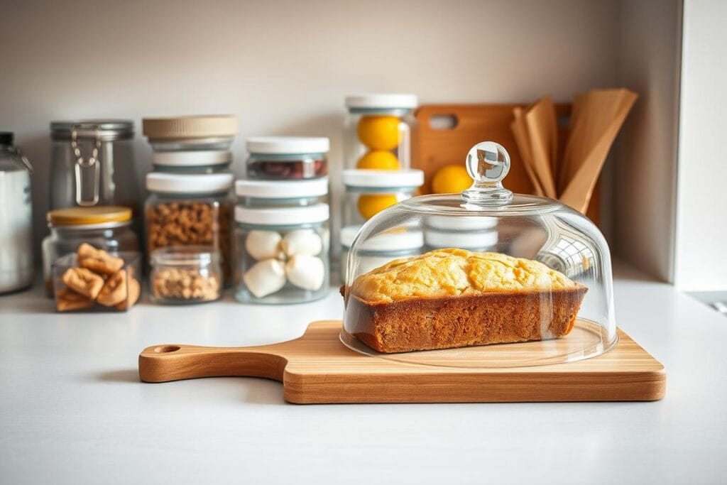 A neatly arranged kitchen countertop, illuminated by warm, natural lighting. In the foreground, a freshly baked lemon loaf rests on a simple wooden cutting board, its golden crust glistening. Beside it, an elegant glass cake dome covers the loaf, preserving its moist texture and zesty aroma. In the middle ground, various storage containers, jars, and parchment paper stand ready to assist in the storage and handling of the lemon treat. The background features a clean, minimalist space, allowing the focus to remain on the delectable lemon loaf and its preservation techniques. A neatly arranged kitchen countertop, illuminated by warm, natural lighting. In the foreground, a freshly baked lemon loaf rests on a simple wooden cutting board, its golden crust glistening. Beside it, an elegant glass cake dome covers the loaf, preserving its moist texture and zesty aroma. In the middle ground, various storage containers, jars, and parchment paper stand ready to assist in the storage and handling of the lemon treat. The background features a clean, minimalist space, allowing the focus to remain on the delectable lemon loaf and its preservation techniques.