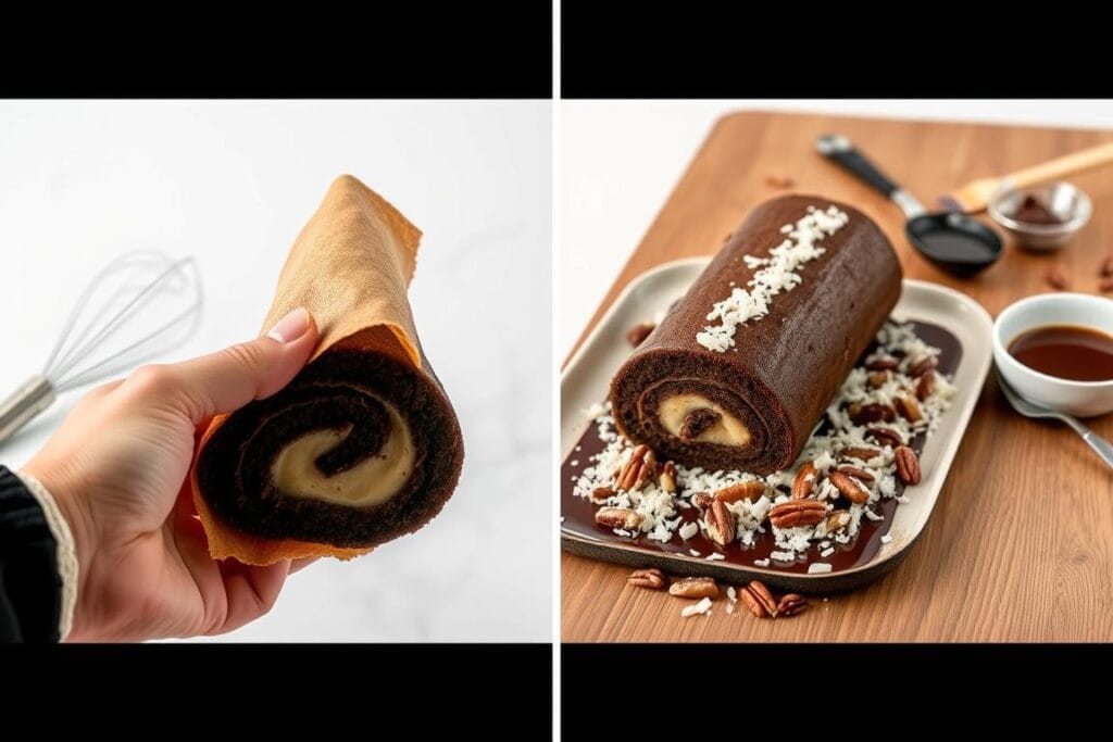 A neatly arranged sequence of German chocolate cake roll assembly steps, captured in a clean, high-contrast studio setting with soft, even lighting. In the foreground, a hand carefully rolls up a thin, moist cake layer, revealing a rich, gooey filling. In the midground, the rolled cake is gently placed onto a serving platter, surrounded by toasted coconut and pecans. In the background, a wooden surface showcases tools and ingredients used in the process, such as a whisk, a spatula, and a bowl of chocolate glaze. The overall mood is one of precision, elegance, and mouthwatering anticipation. A neatly arranged sequence of German chocolate cake roll assembly steps, captured in a clean, high-contrast studio setting with soft, even lighting. In the foreground, a hand carefully rolls up a thin, moist cake layer, revealing a rich, gooey filling. In the midground, the rolled cake is gently placed onto a serving platter, surrounded by toasted coconut and pecans. In the background, a wooden surface showcases tools and ingredients used in the process, such as a whisk, a spatula, and a bowl of chocolate glaze. The overall mood is one of precision, elegance, and mouthwatering anticipation.